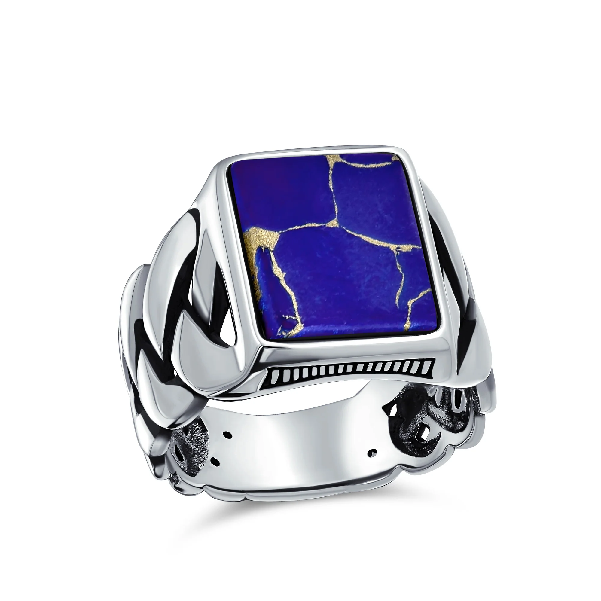 Large Rectangle Gemstone Chain Link Statement Signet Ring .925 Sterling Silver - Image 3