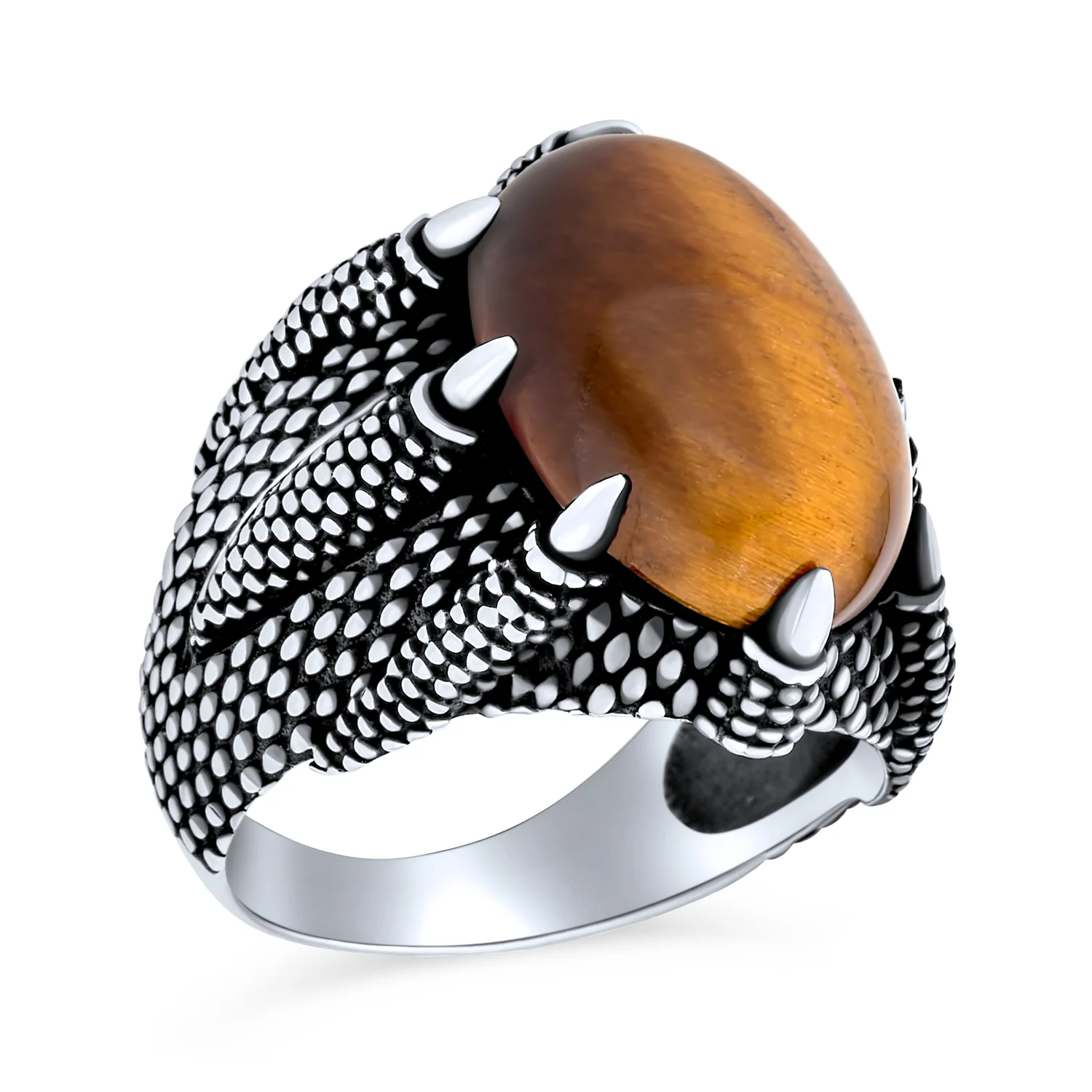 Mens Silver Ring Claw Design with Tiger Eye Gemstone Oxidized Sterling Silver