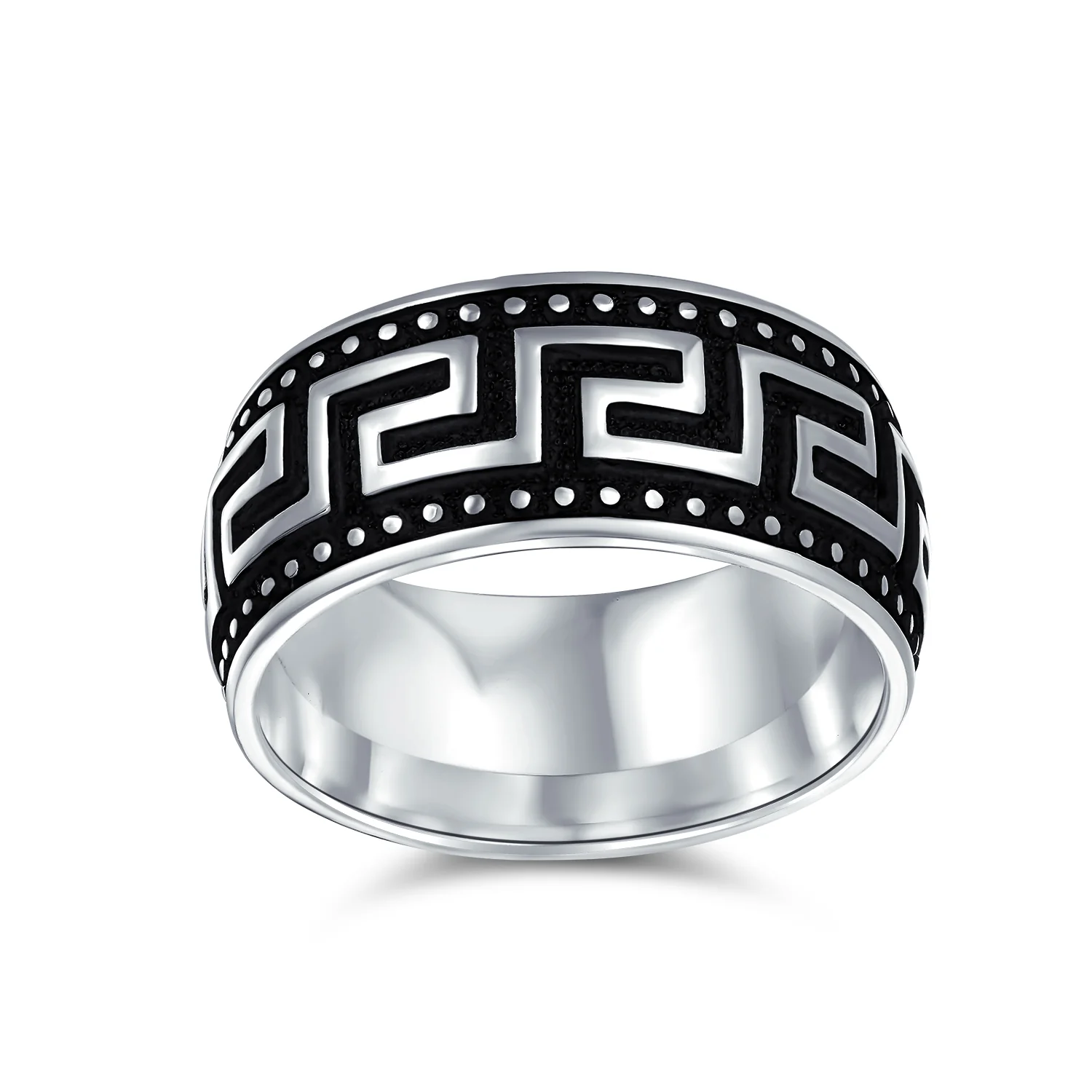 Two-Tone Black & Silver Greek Key Design Wedding Band Ring Sterling Silver 9MM - Image 2