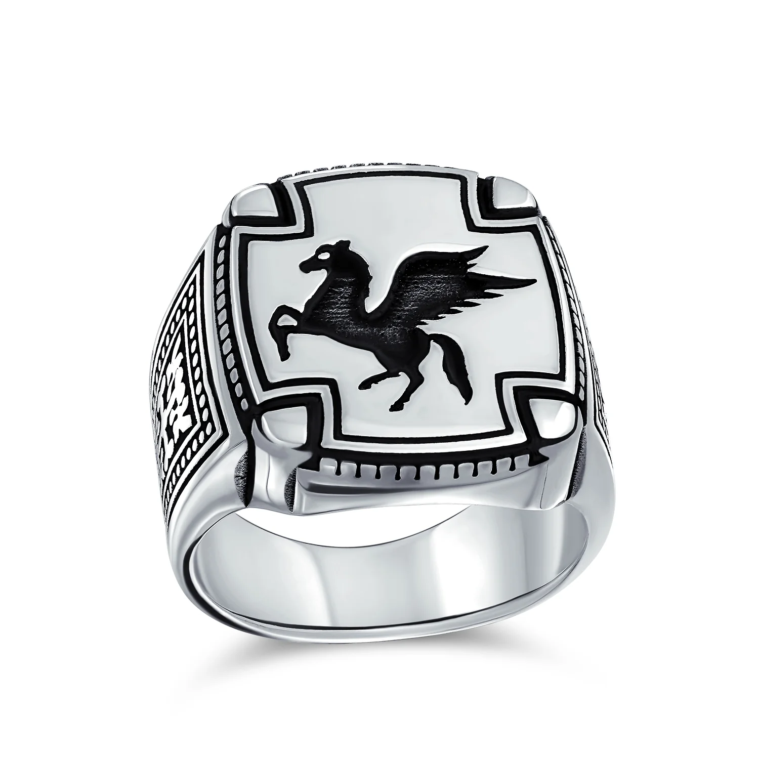 Men's Statement Pegasus Signet Ring Greek Mythical Horse Oxidized .925 Sterling Silver