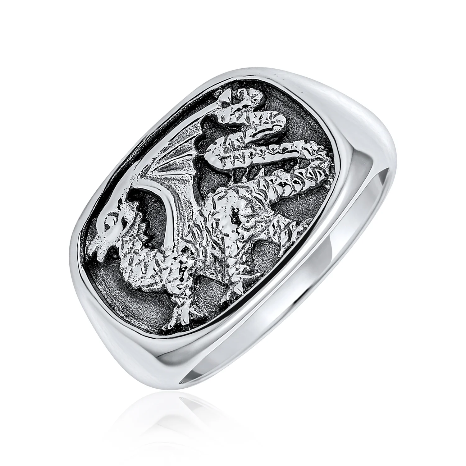 Men's Statement Dragon Signet Ring Rectangle Gothic Shield Oxidized .925 Sterling Silver - Image 2