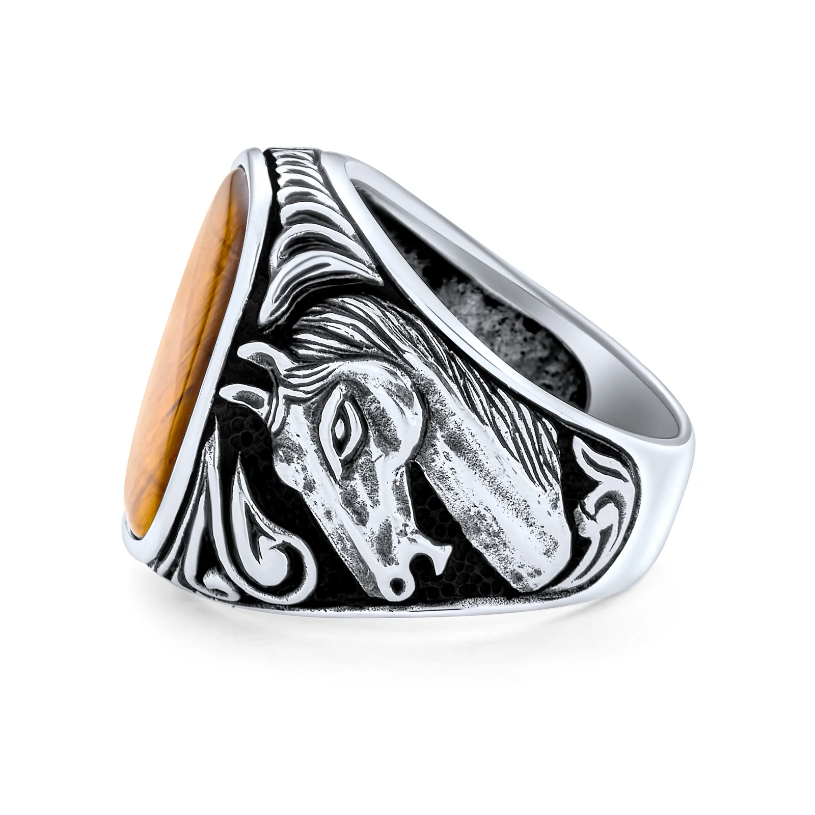 Black Onyx or Brown Tiger Eye Gemstone Stone Equestrian Stallion Horse Signet Ring .925 Sterling Silver - Image 5