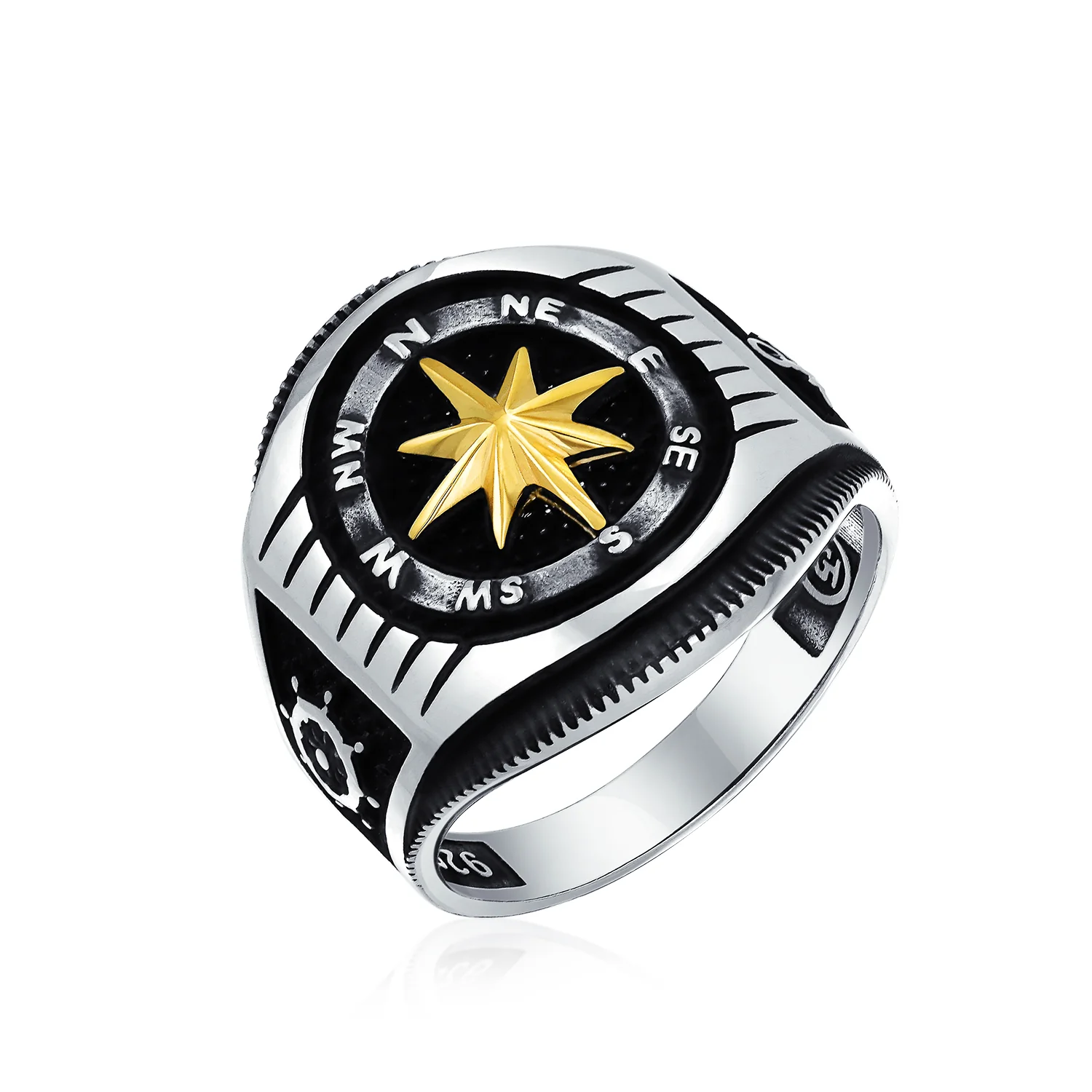 Two Tone Mens Silver Ring Nautical Boat Wheel Viking Compass Signet Black Gold - Image 2