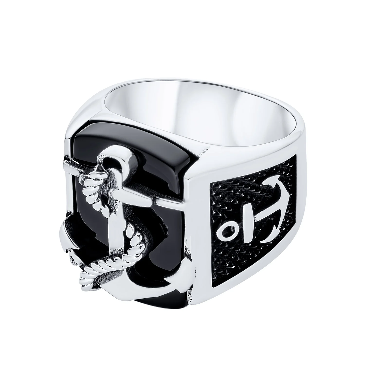Mens Silver Ring Nautical Black Onyx Gemstone Anchor Signet .925 Sterling Silver - Image 3
