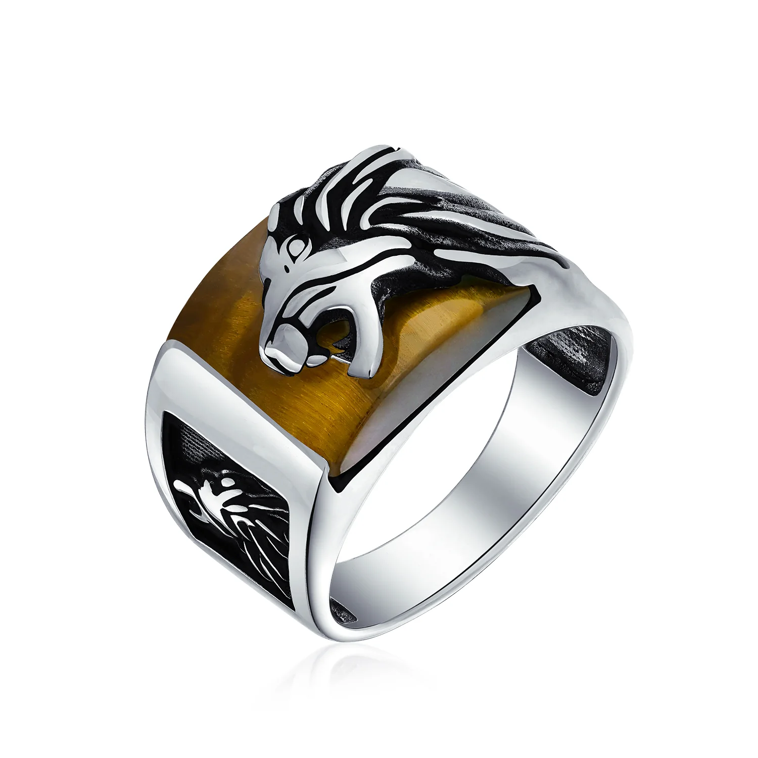 Mens Silver Ring with Black Onyx and Tiger Eye Lion Head Handmade in Turkey - Image 3