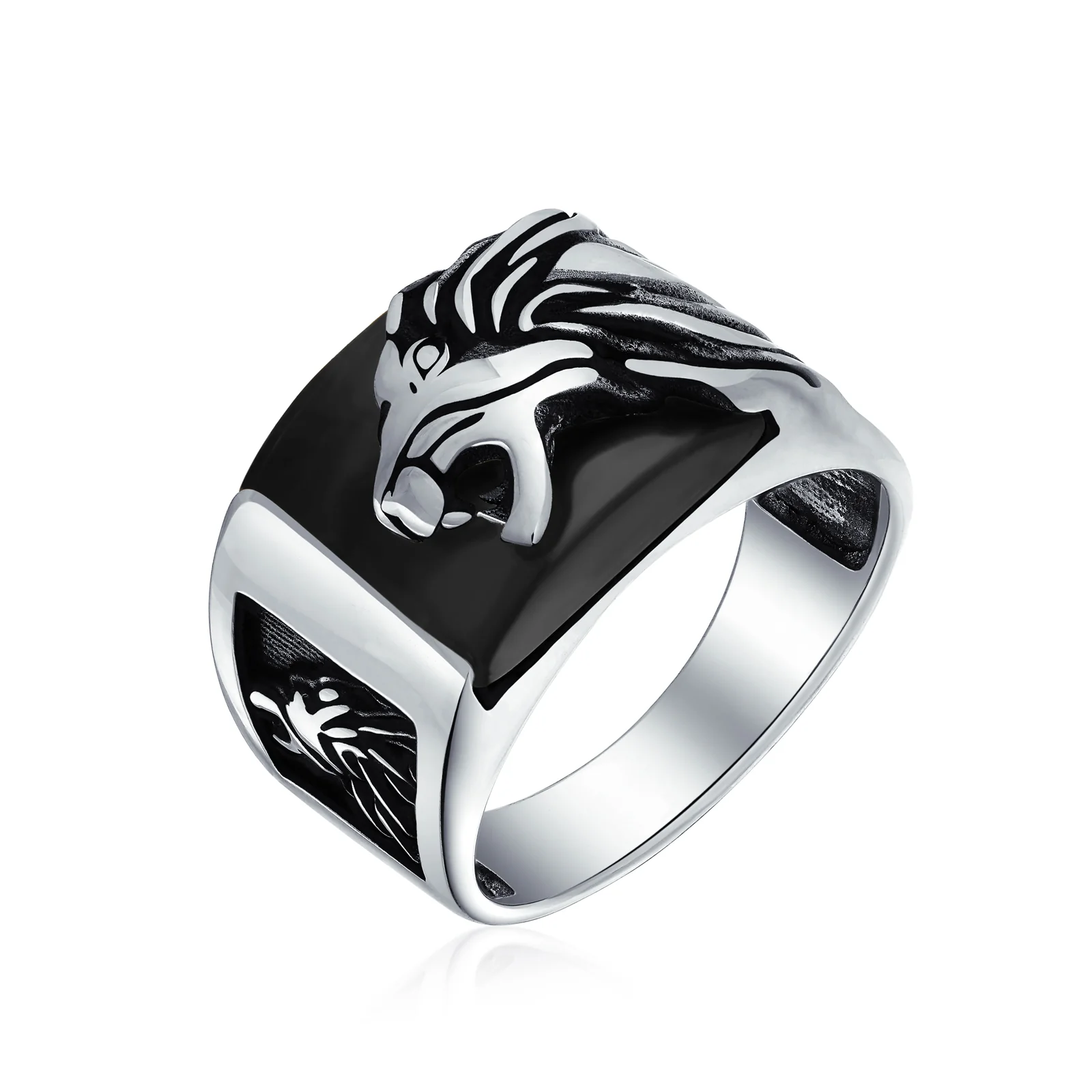 Mens Silver Ring with Black Onyx and Tiger Eye Lion Head Handmade in Turkey - Image 4