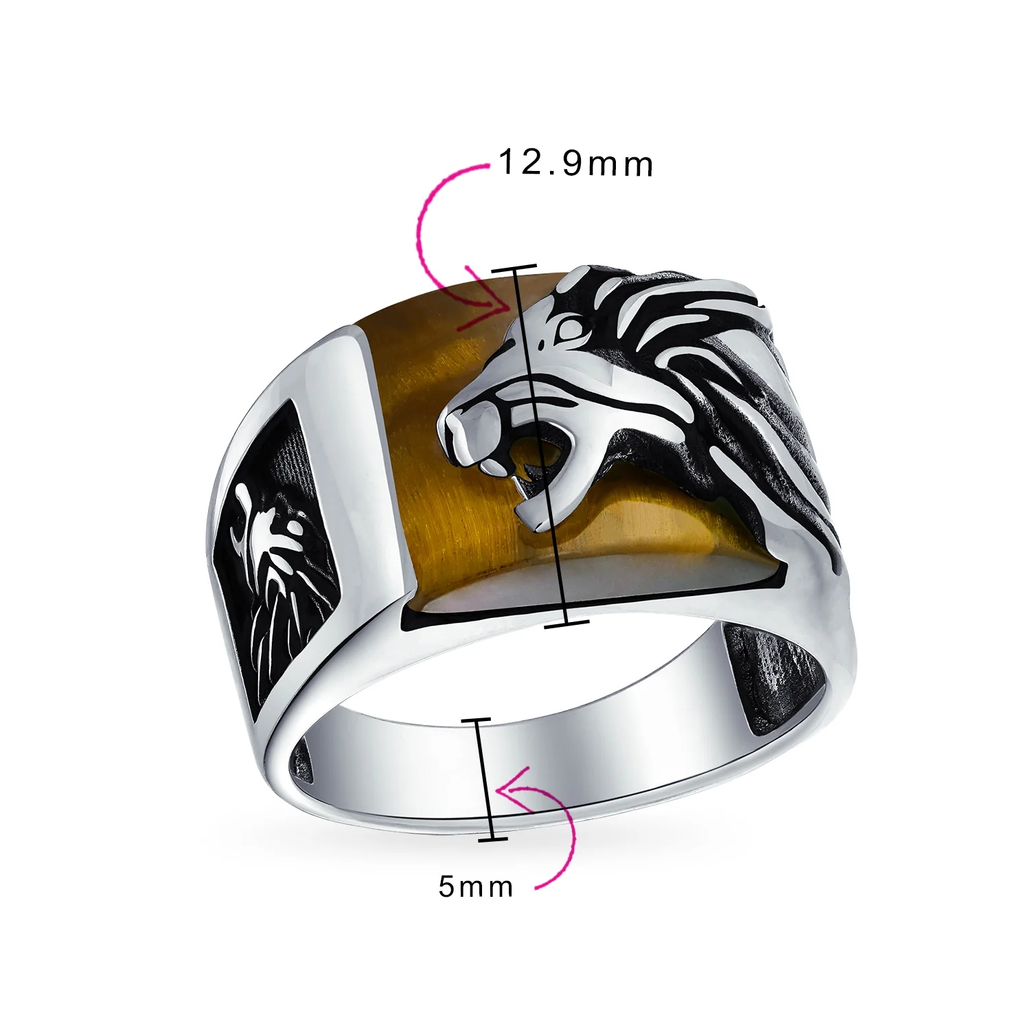 Mens Silver Ring with Black Onyx and Tiger Eye Lion Head Handmade in Turkey - Image 5