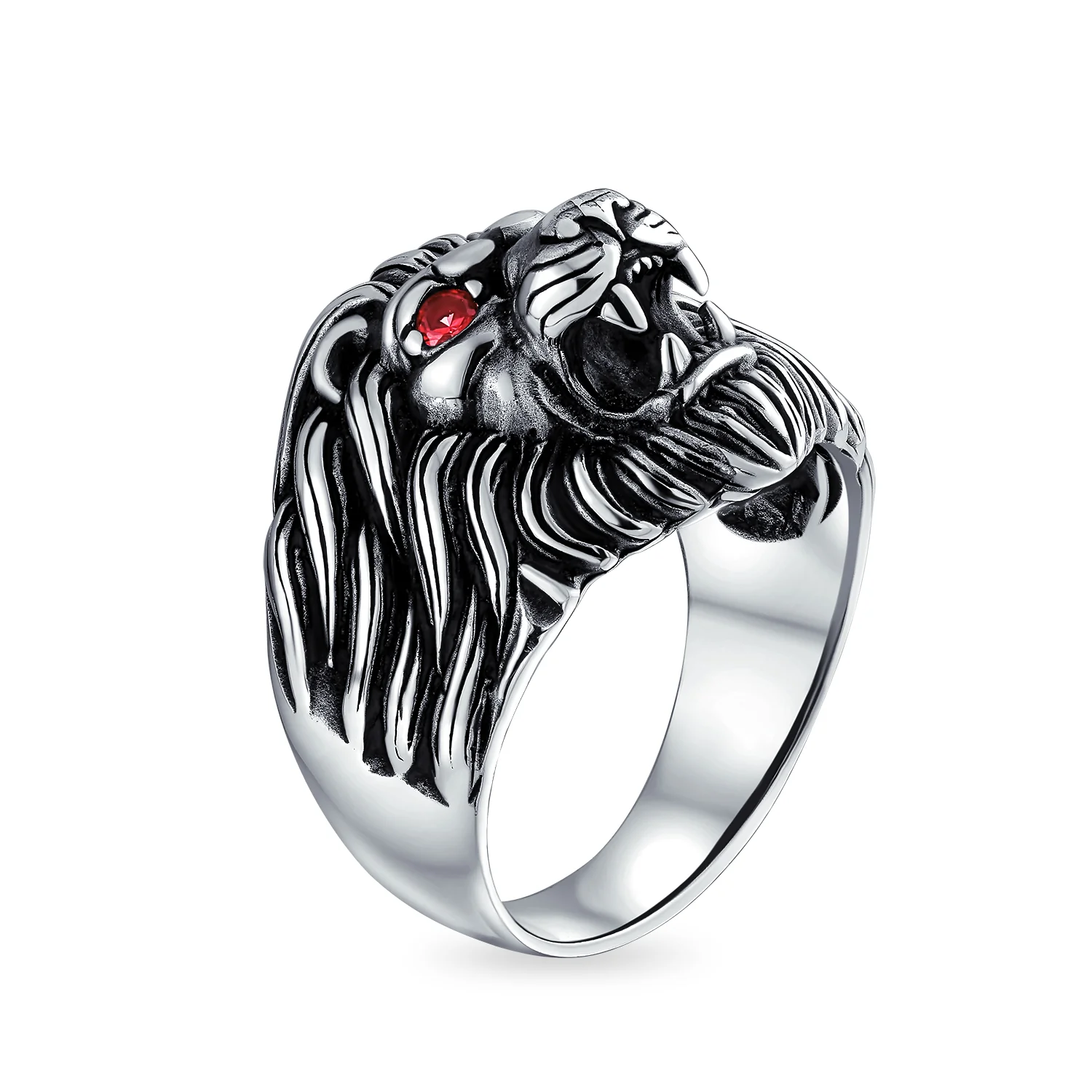 Mens Silver Ring Red Ruby Eyes Lion Design Solid Oxidized .925 Sterling Silver - Image 2