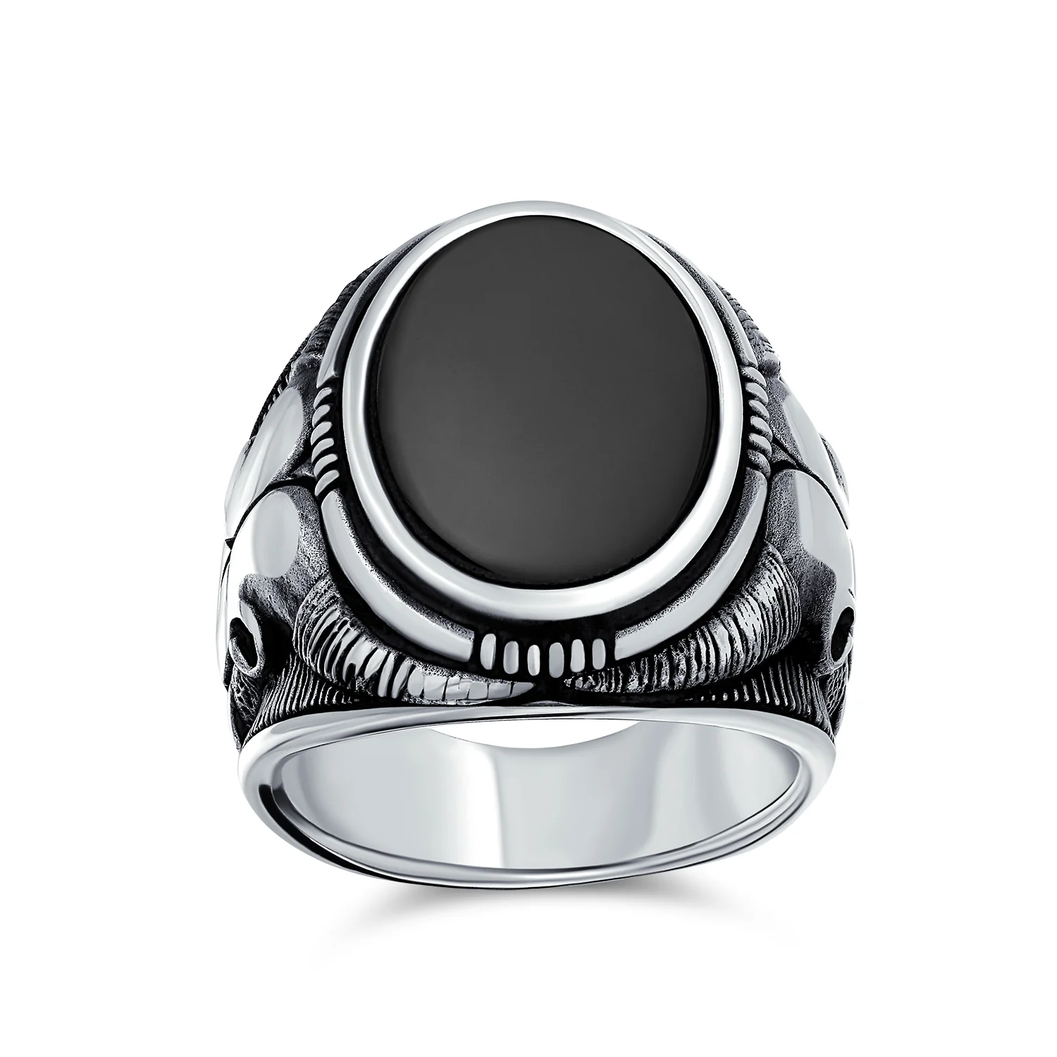 Men's Black Onyx Oval Western Texas Longhorn Skull Signet Ring .925 Sterling Silver - Image 3