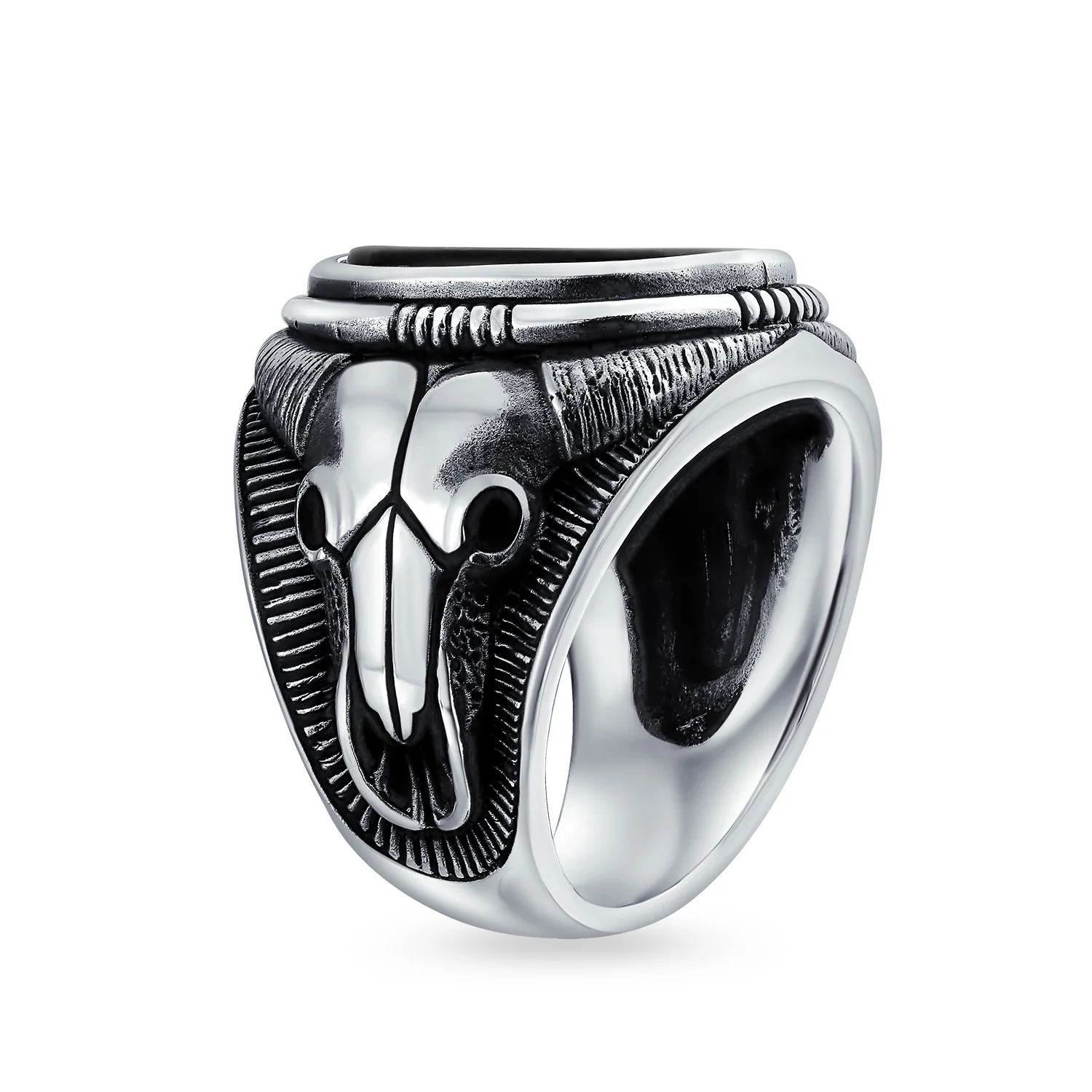 Men's Black Onyx Oval Western Texas Longhorn Skull Signet Ring .925 Sterling Silver - Image 5