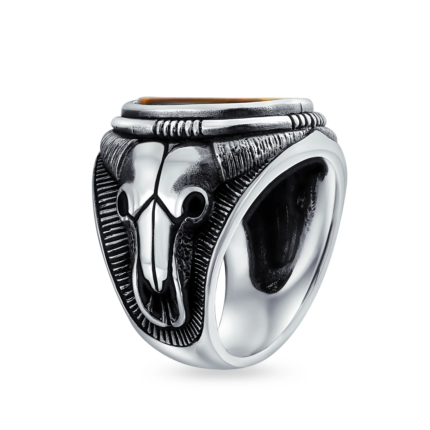 Men's Black Onyx Oval Western Texas Longhorn Skull Signet Ring .925 Sterling Silver - Image 6