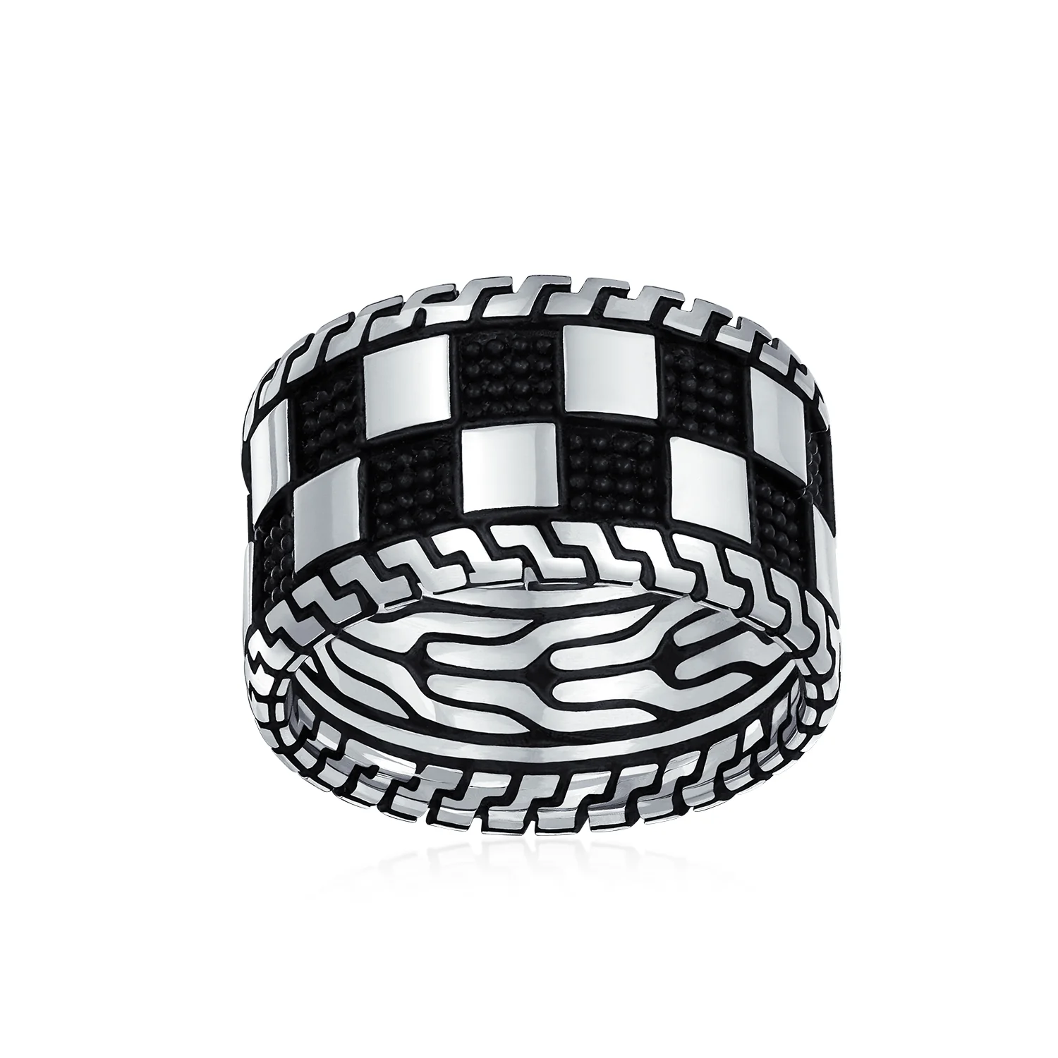 Mens Silver Ring Two Tone Black Geometric Check Board Chess Band .925 Silver - Image 2