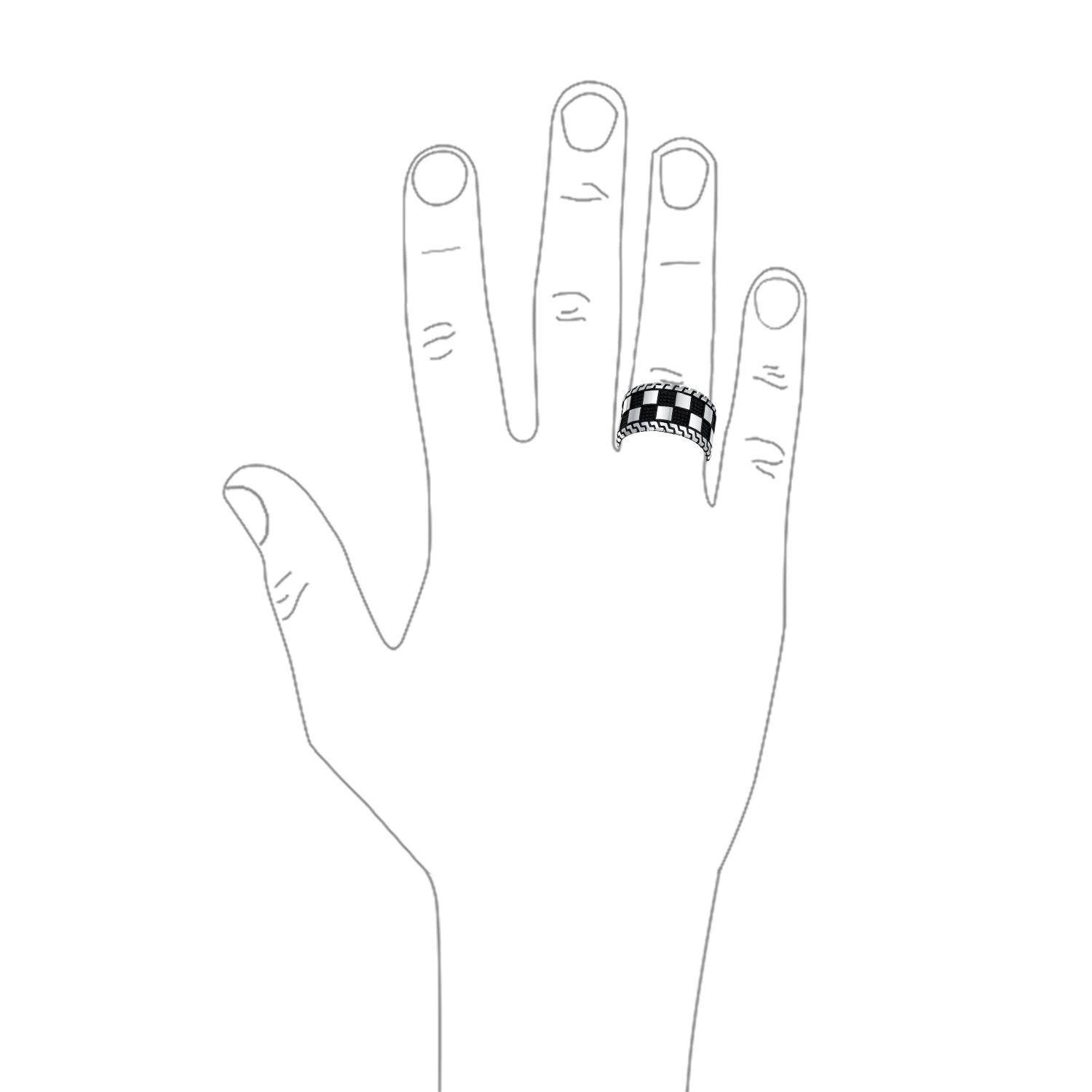 Mens Silver Ring Two Tone Black Geometric Check Board Chess Band .925 Silver - Image 3