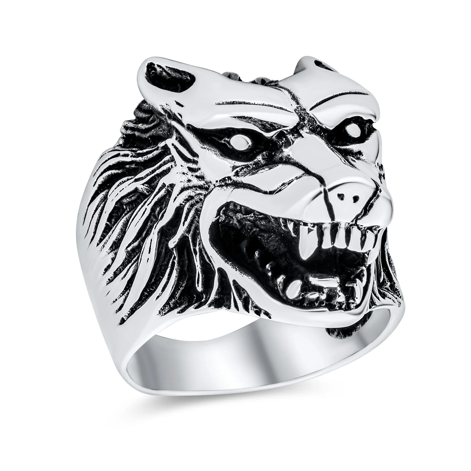 Hunter Norse Viking Warrior Mens Silver Ring Fierce Roaring Wolf Head Design