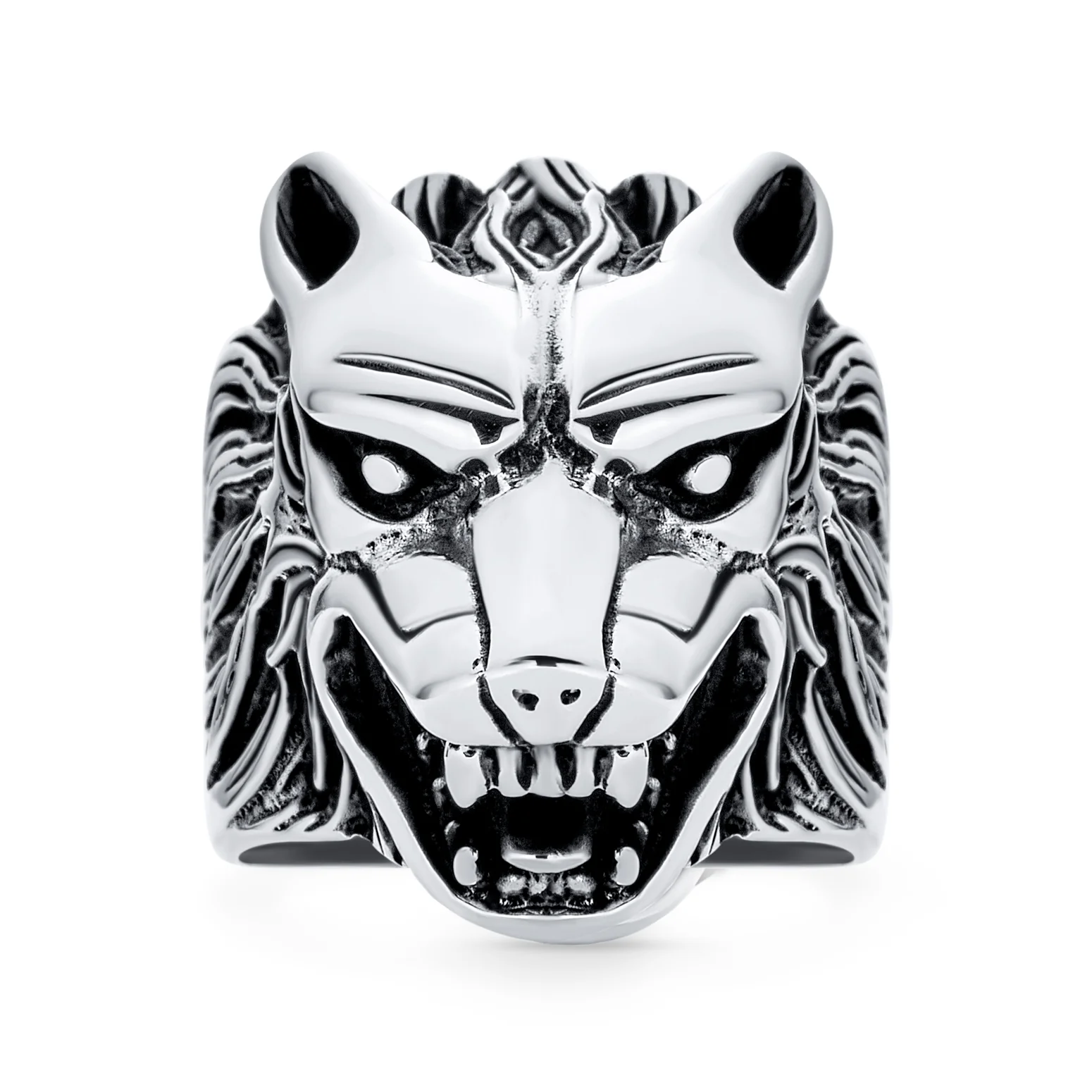 Hunter Norse Viking Warrior Mens Silver Ring Fierce Roaring Wolf Head Design - Image 2