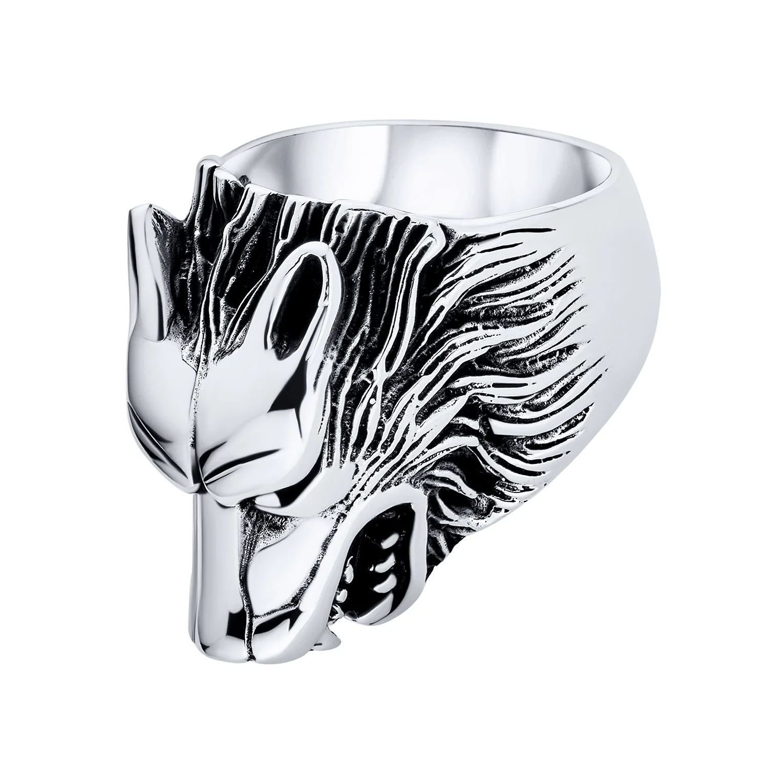 Hunter Norse Viking Warrior Mens Silver Ring Fierce Roaring Wolf Head Design - Image 3
