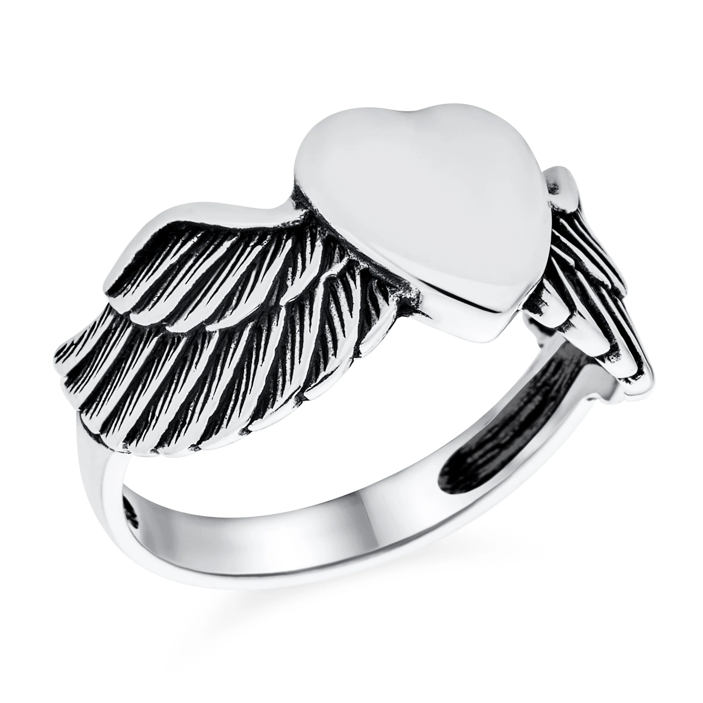 Mens Stainless Steel Heart Angel Wing Feather Band Ring Unisex Monogram Initials - Image 2