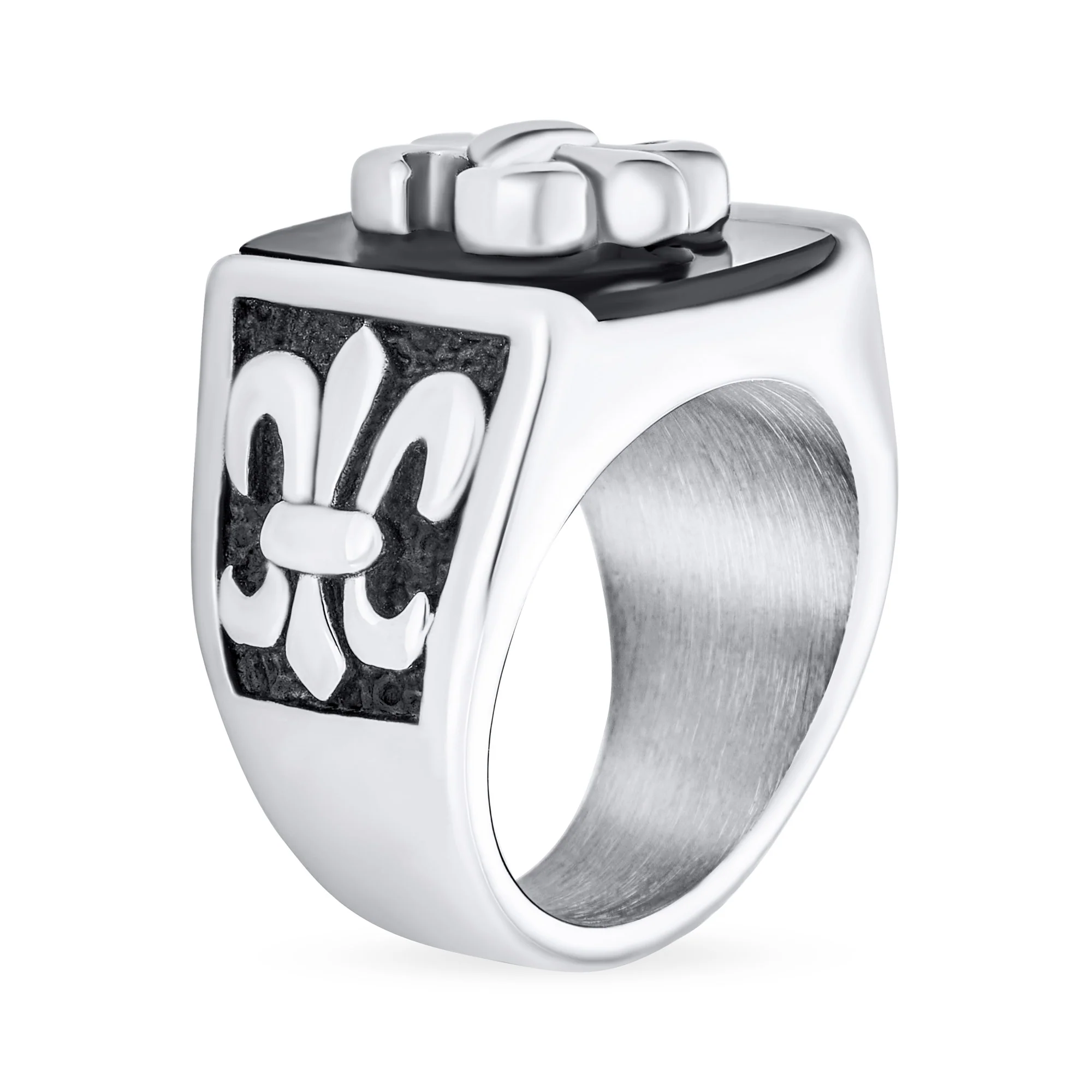 Men's Stainless Steel Black Onyx Fleur De Lis Signet Ring Silver Tone - Image 2