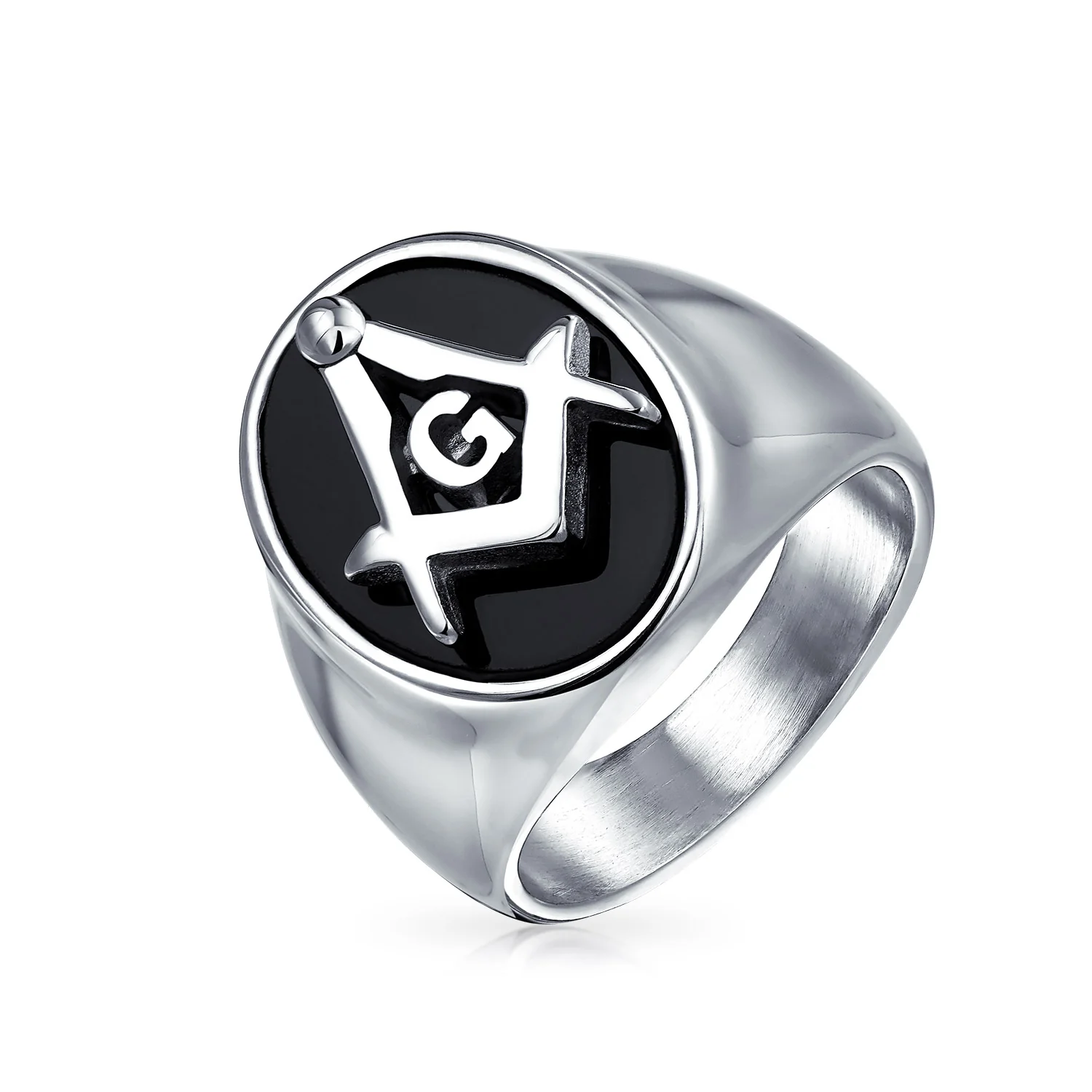 Secret Society Mens Stainless Steel Black Oval Masonic Signet Ring Silver Tone - Image 3