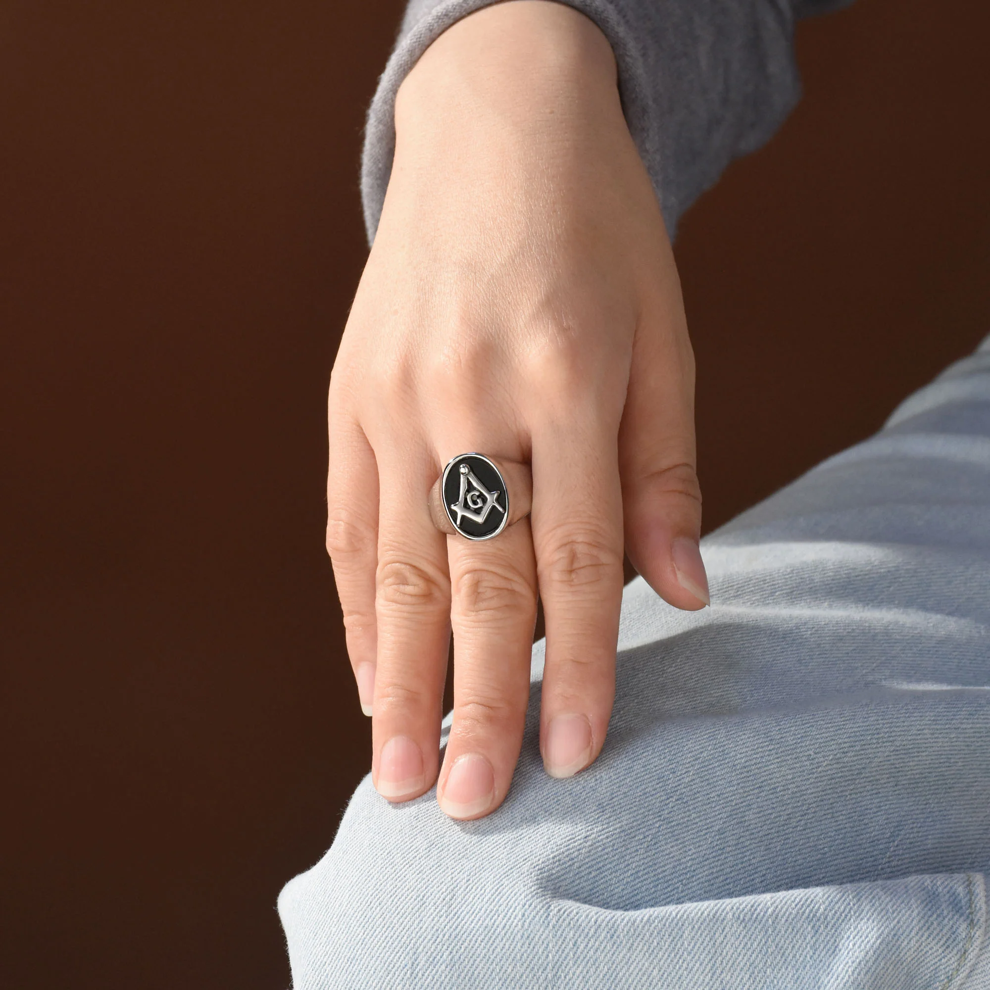 Secret Society Mens Stainless Steel Black Oval Masonic Signet Ring Silver Tone - Image 8