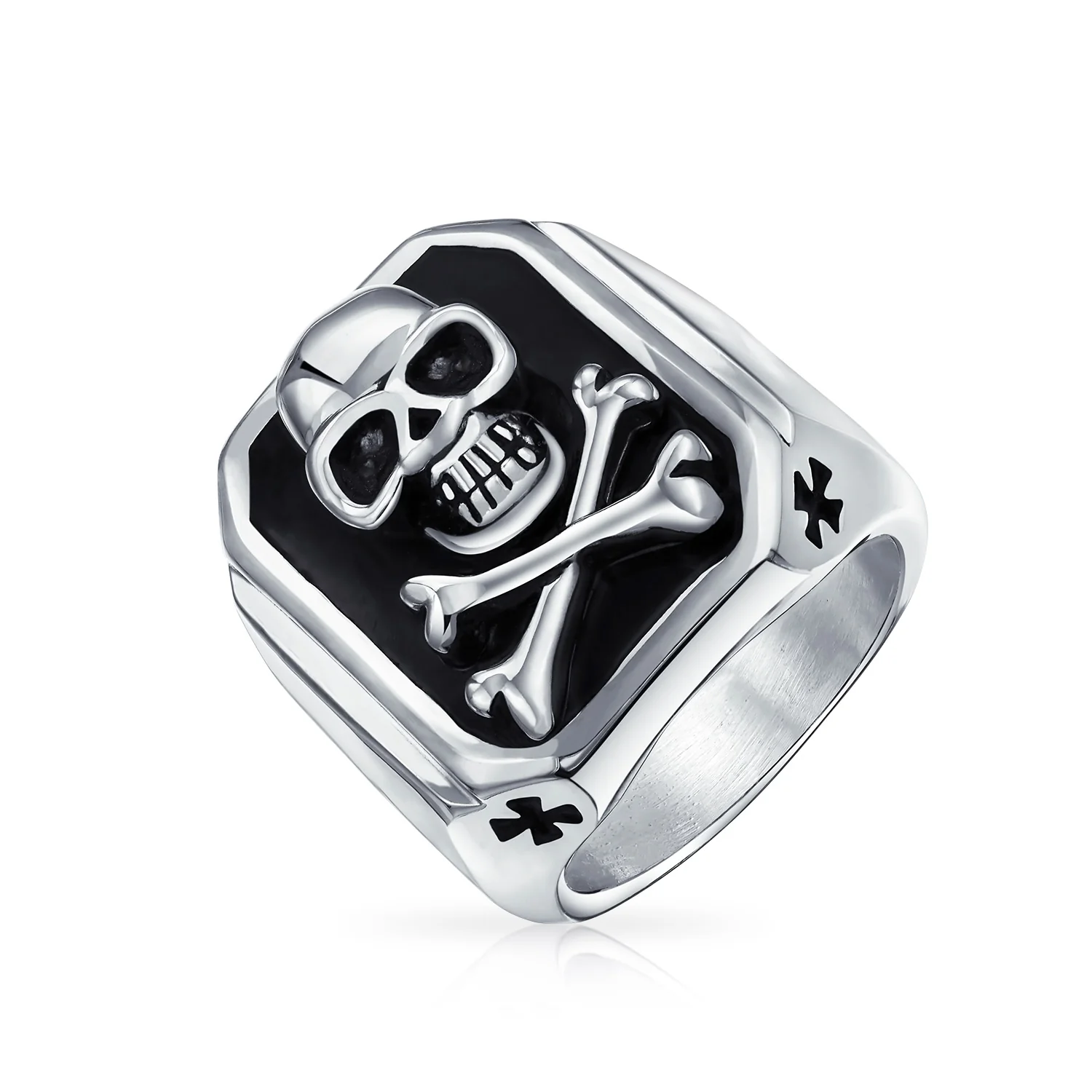 Mens Stainless Steel Black Pirate Skull Crossbones Signet Ring Silver Tone - Image 7