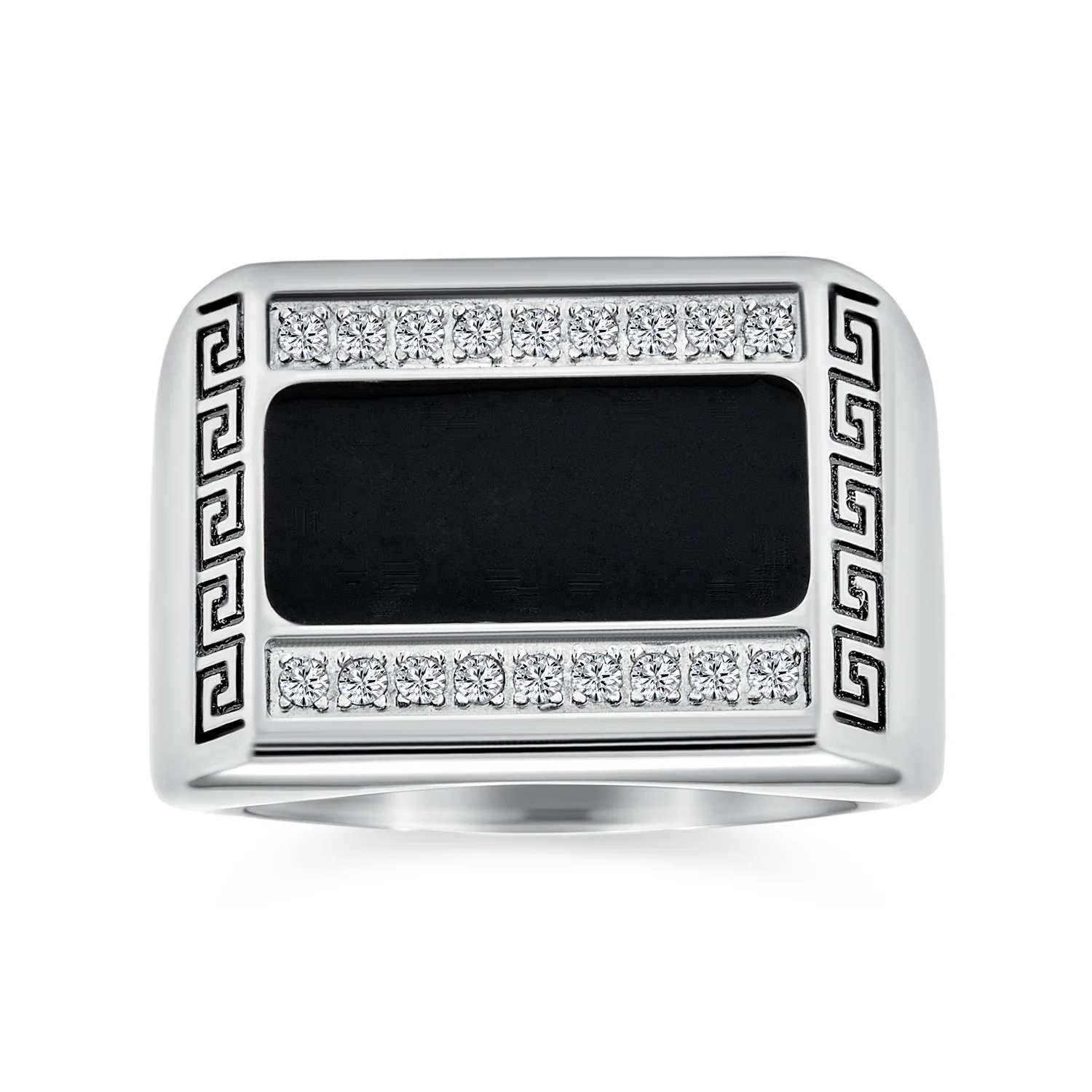 Geometric Pave CZ Accent Rectangle Signet Greek Key Band Ring Black Enamel Steel
