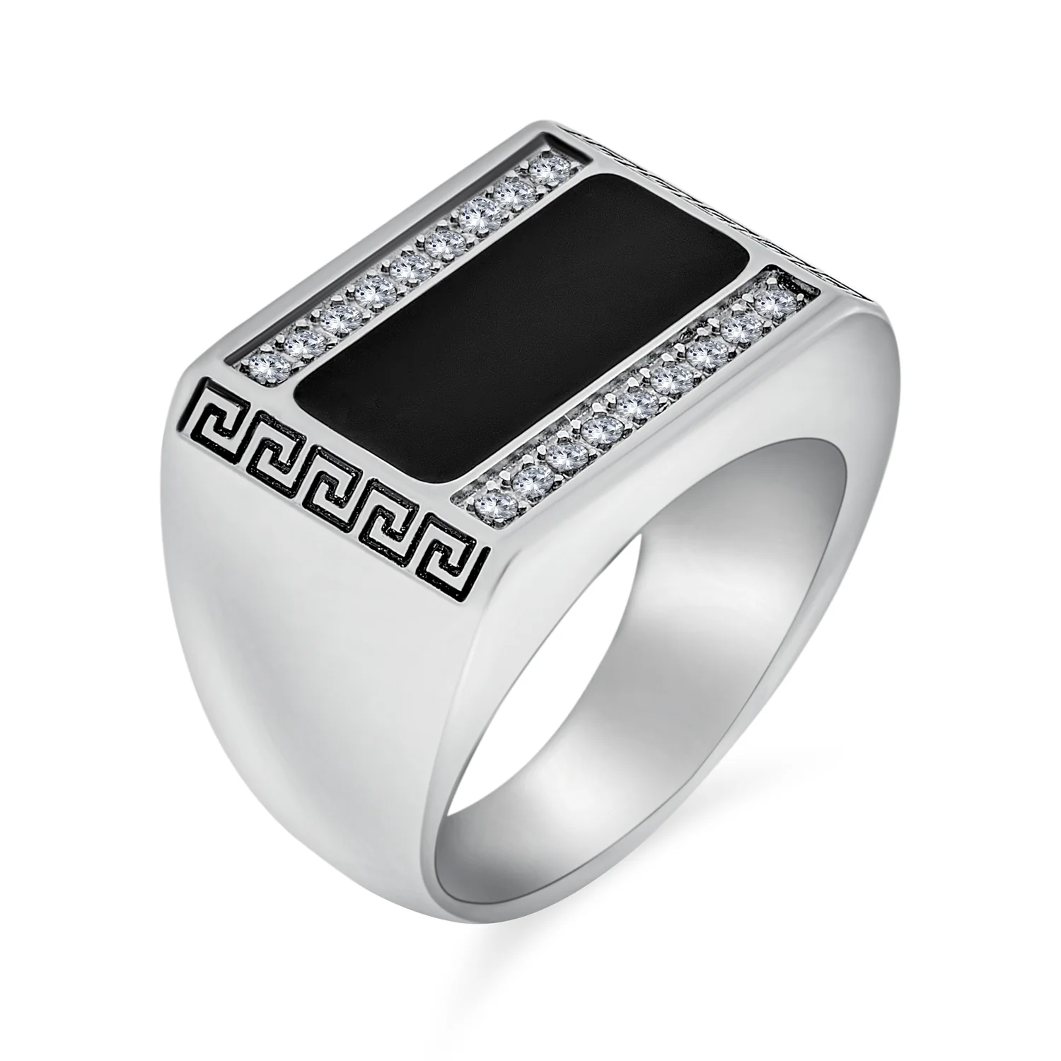 Geometric Pave CZ Accent Rectangle Signet Greek Key Band Ring Black Enamel Steel - Image 2