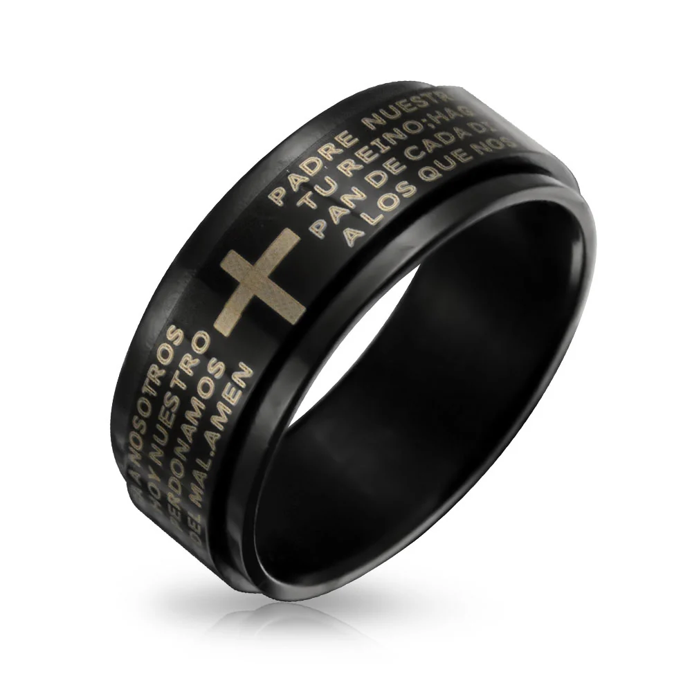 Black Spinner Religious Cross Words Lords Prayer Fidget Band Ring Stainless Steel - Image 2