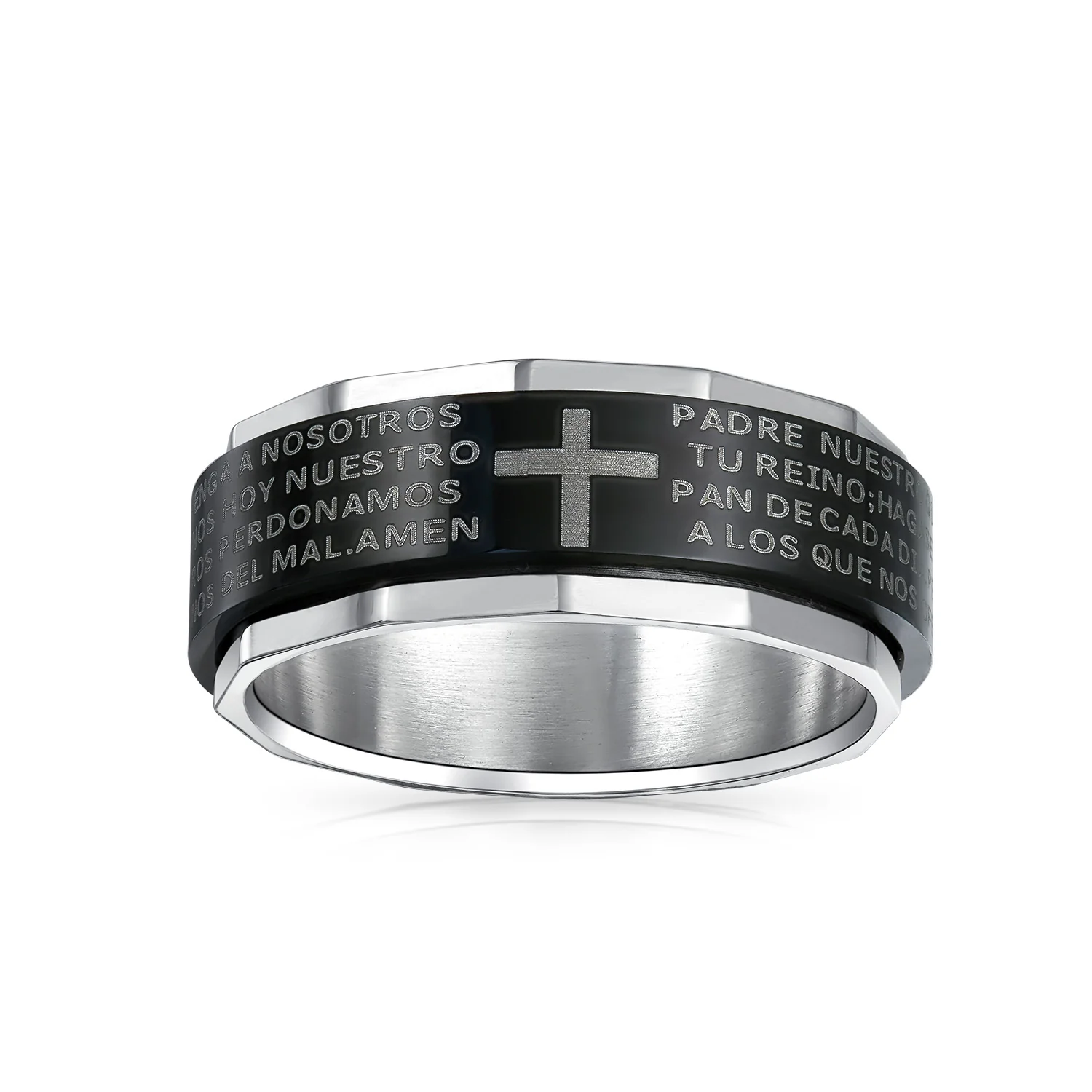 Black Spinner Religious Cross Words Lords Prayer Fidget Band Ring Stainless Steel - Image 3