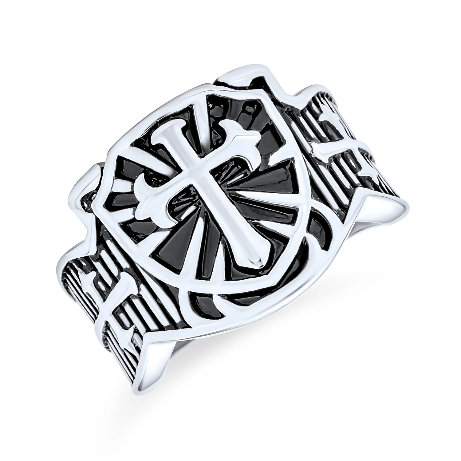 Men's Stainless Steel Viking Shield Cross Signet Ring Oxidized Silver Tone