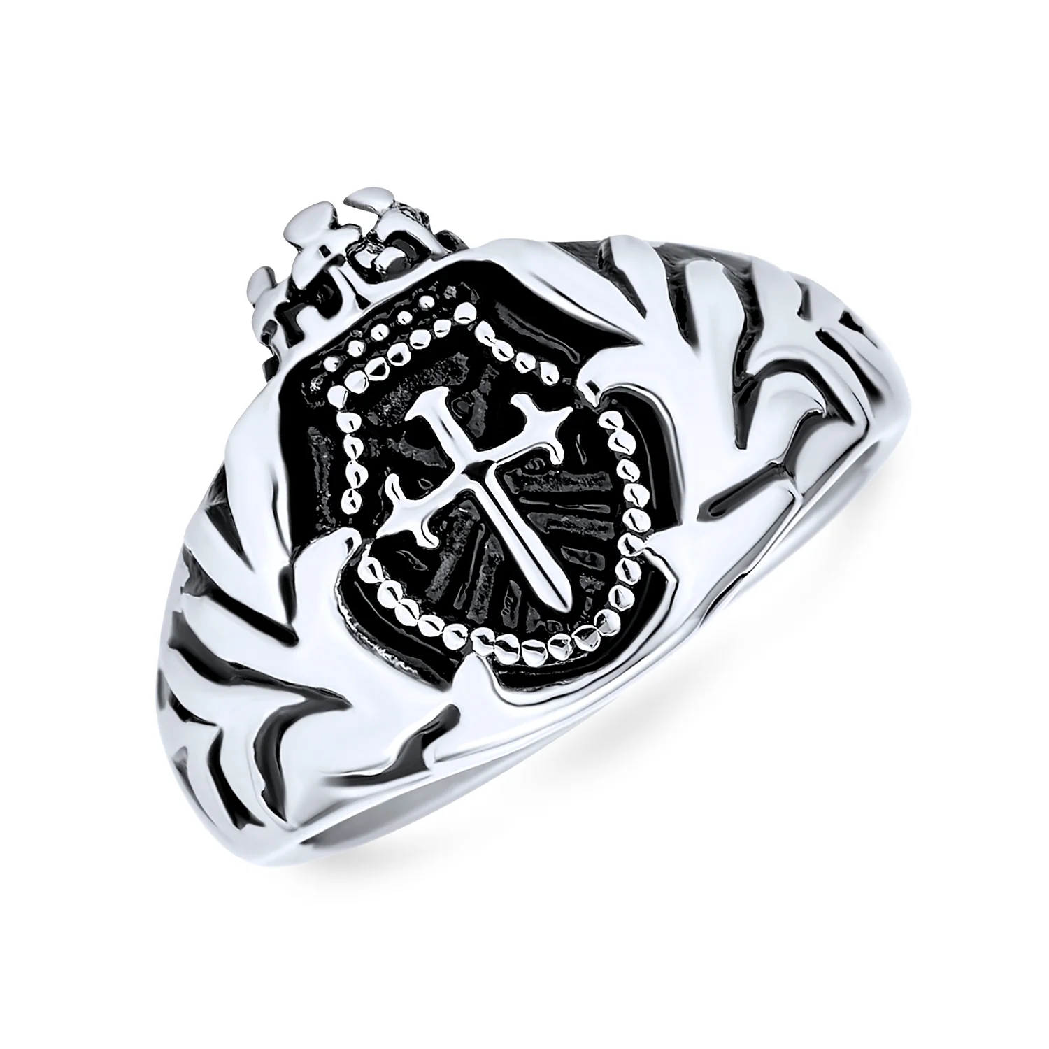 Mens Religious Crown Knight Shield Maltase Cross Signet Ring Stainless Steel
