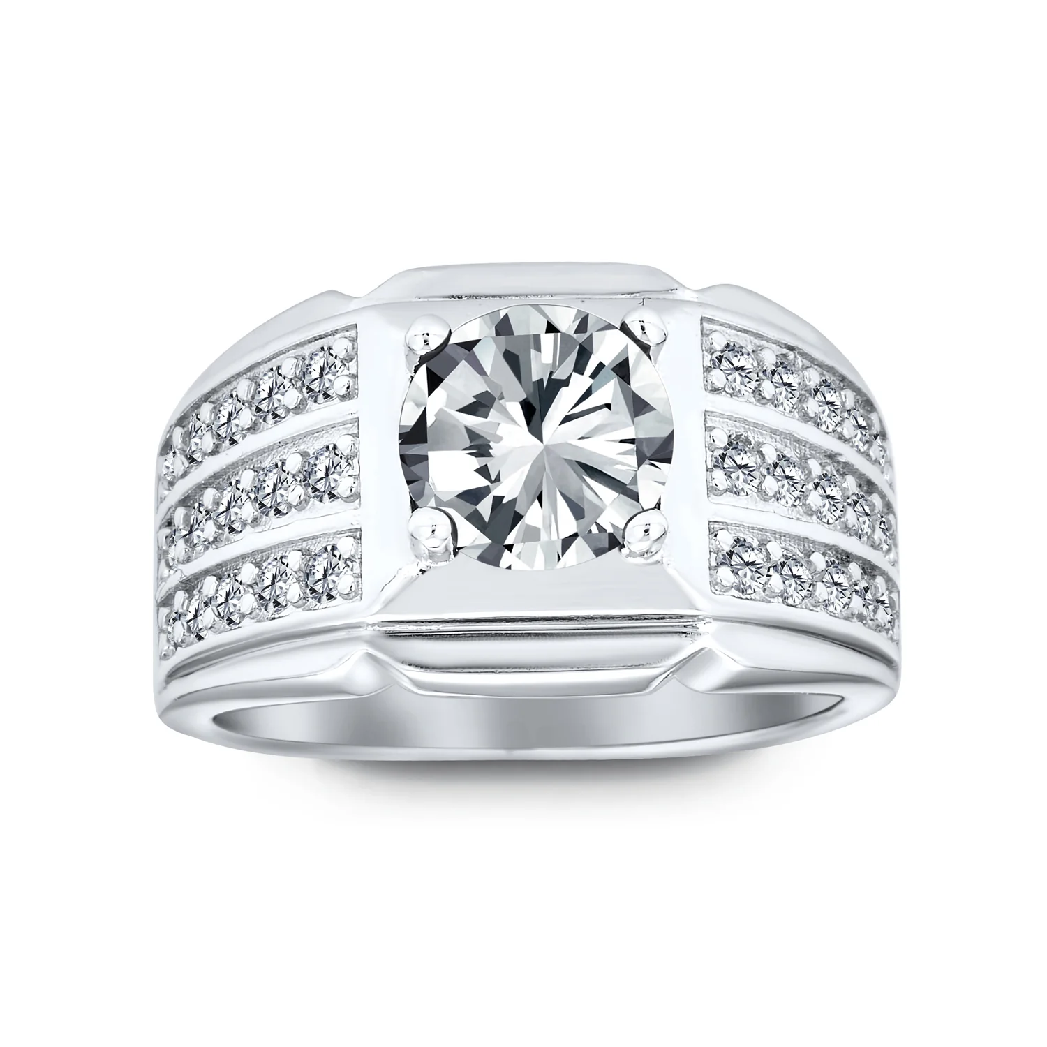 3 Row Pave Band with 3CT Cubic Zirconia CZ Solitaire Statement Ring Silver Plated - Image 3