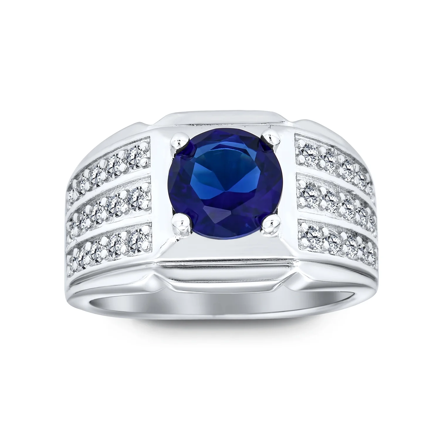 3 Row Pave Band with 3CT Cubic Zirconia CZ Solitaire Statement Ring Silver Plated - Image 4