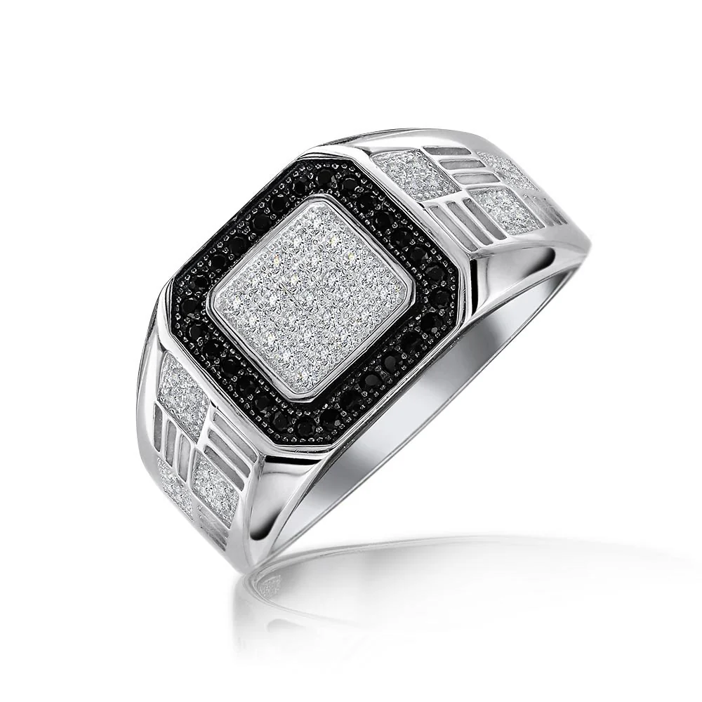Men's Micro Pave Black Halo Square Two Tone CZ Statement Signet Ring .925 Sterling Silver - Image 2