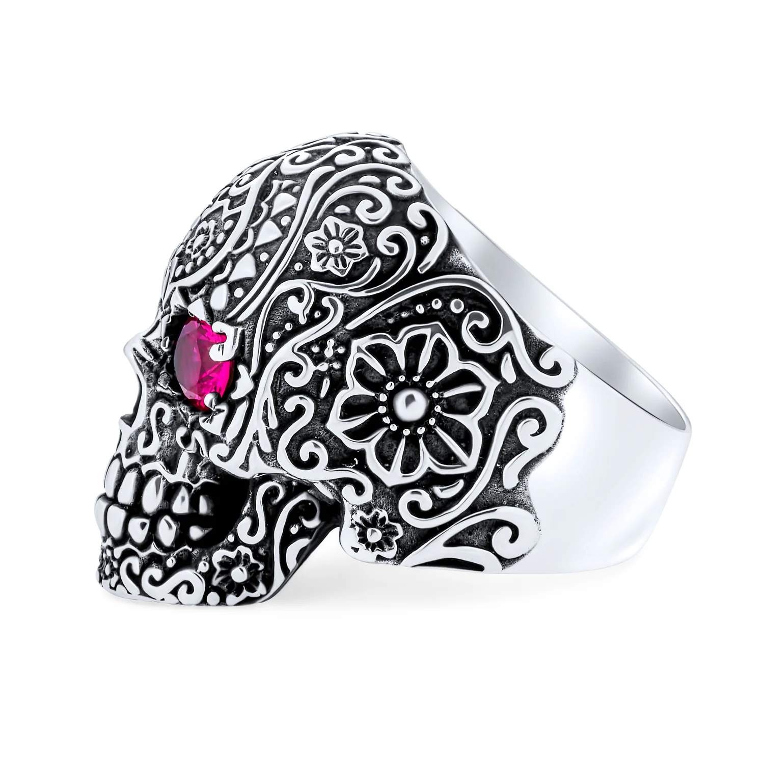 Mens Stainless Steel Punk Rocker Biker Skull Ring Simulated Red Ruby CZ Eyes - Image 3