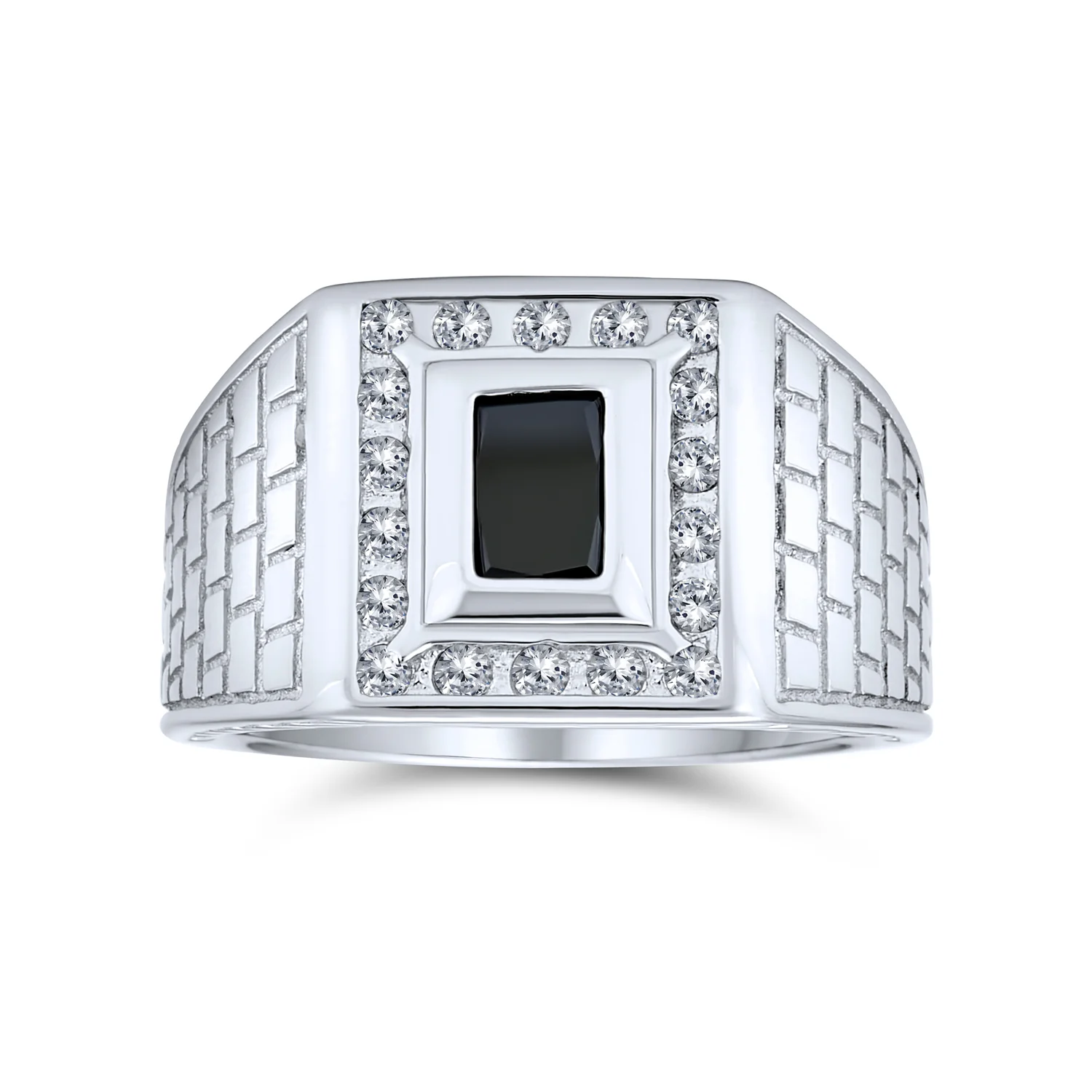 Sapphire Blue Emerald Cut CZ Statement Ring for Men – Brick Pattern Silver Band