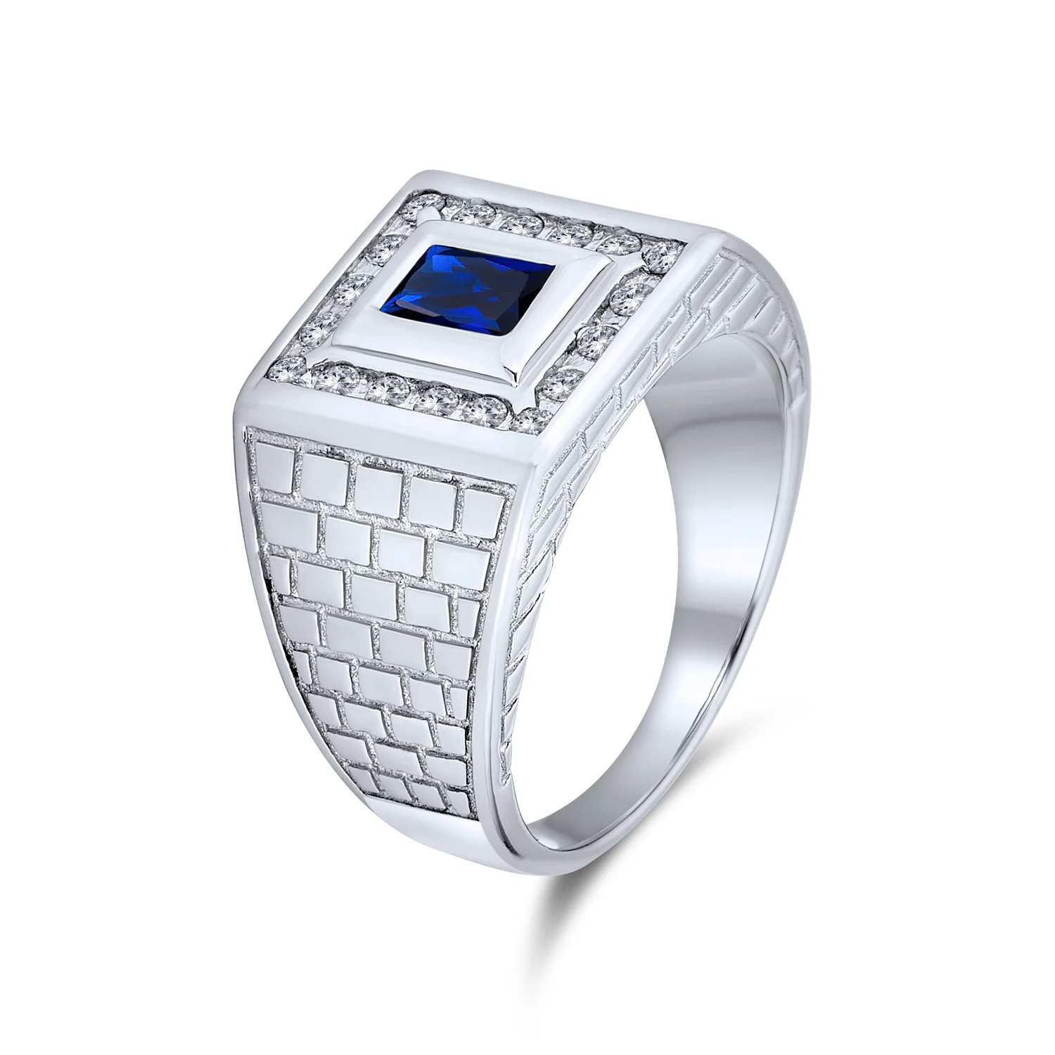 Sapphire Blue Emerald Cut CZ Statement Ring for Men – Brick Pattern Silver Band - Image 4