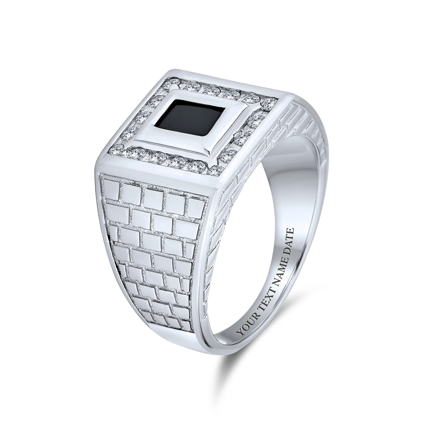 Sapphire Blue Emerald Cut CZ Statement Ring for Men – Brick Pattern Silver Band - Image 5