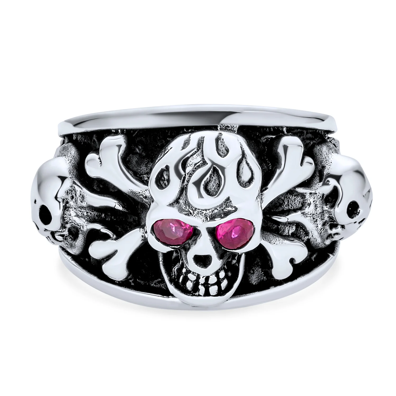 Mens Stainless Steel Punk Rocker Biker Ring with Simulated Red Ruby CZ Eyes - Image 2