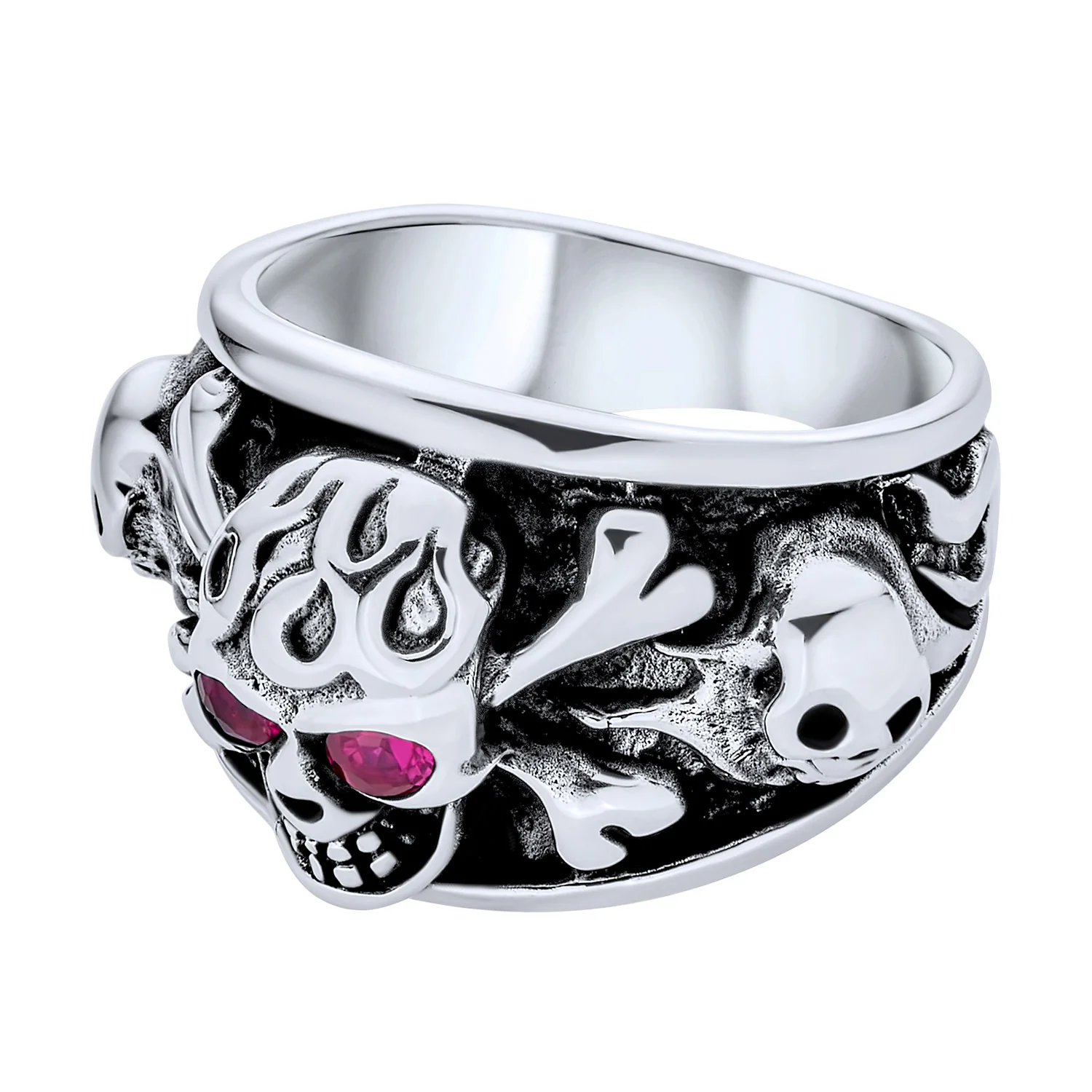 Mens Stainless Steel Punk Rocker Biker Ring with Simulated Red Ruby CZ Eyes - Image 3