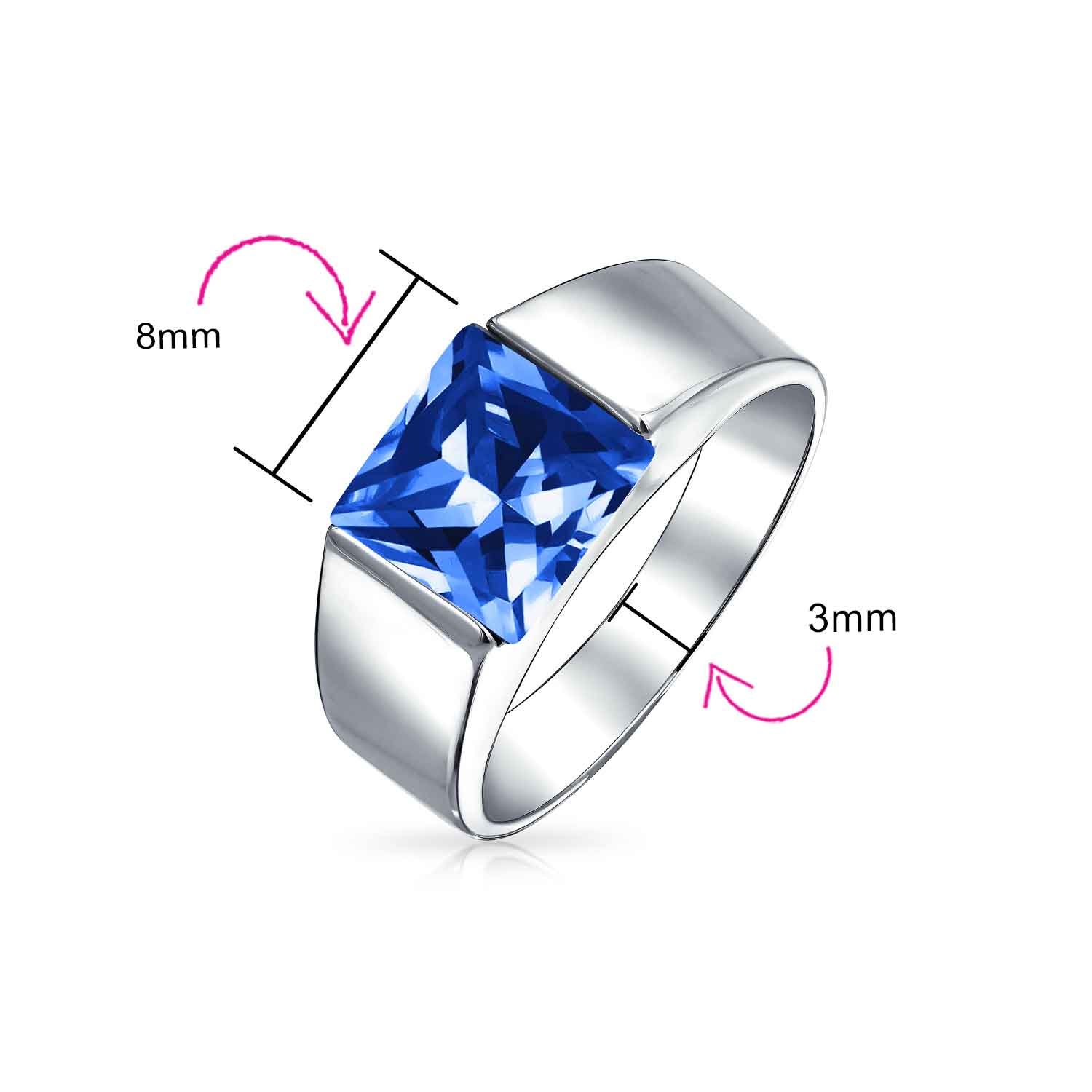 Traditional 3CT Blue Clear Cubic Zirconia CZ Square Solitaire Ring Pinky Ring Silver Plated - Image 5