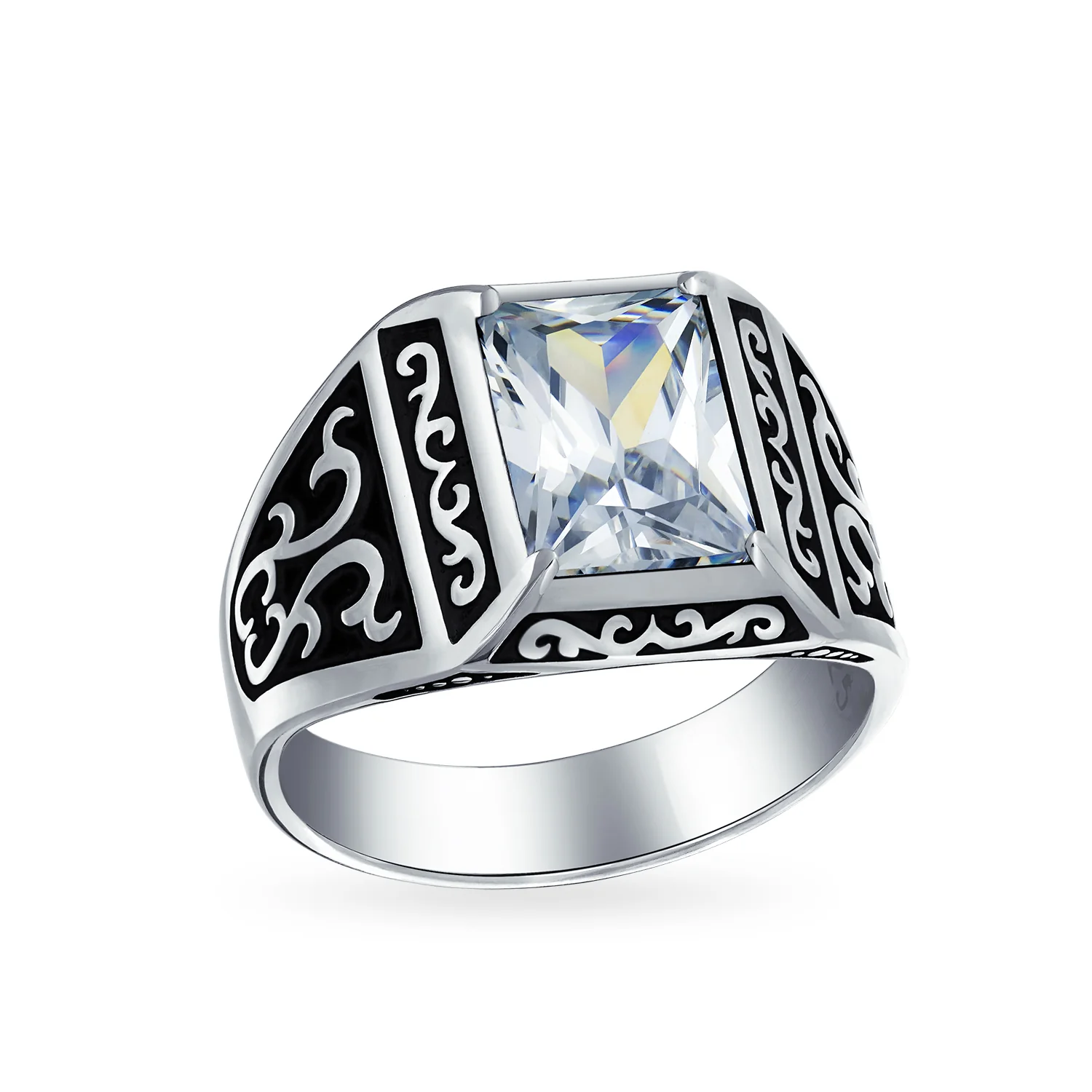 Viking Scroll Emerald Cut CZ Ring Two Tone Oxidized Silver Handmade In Turkey