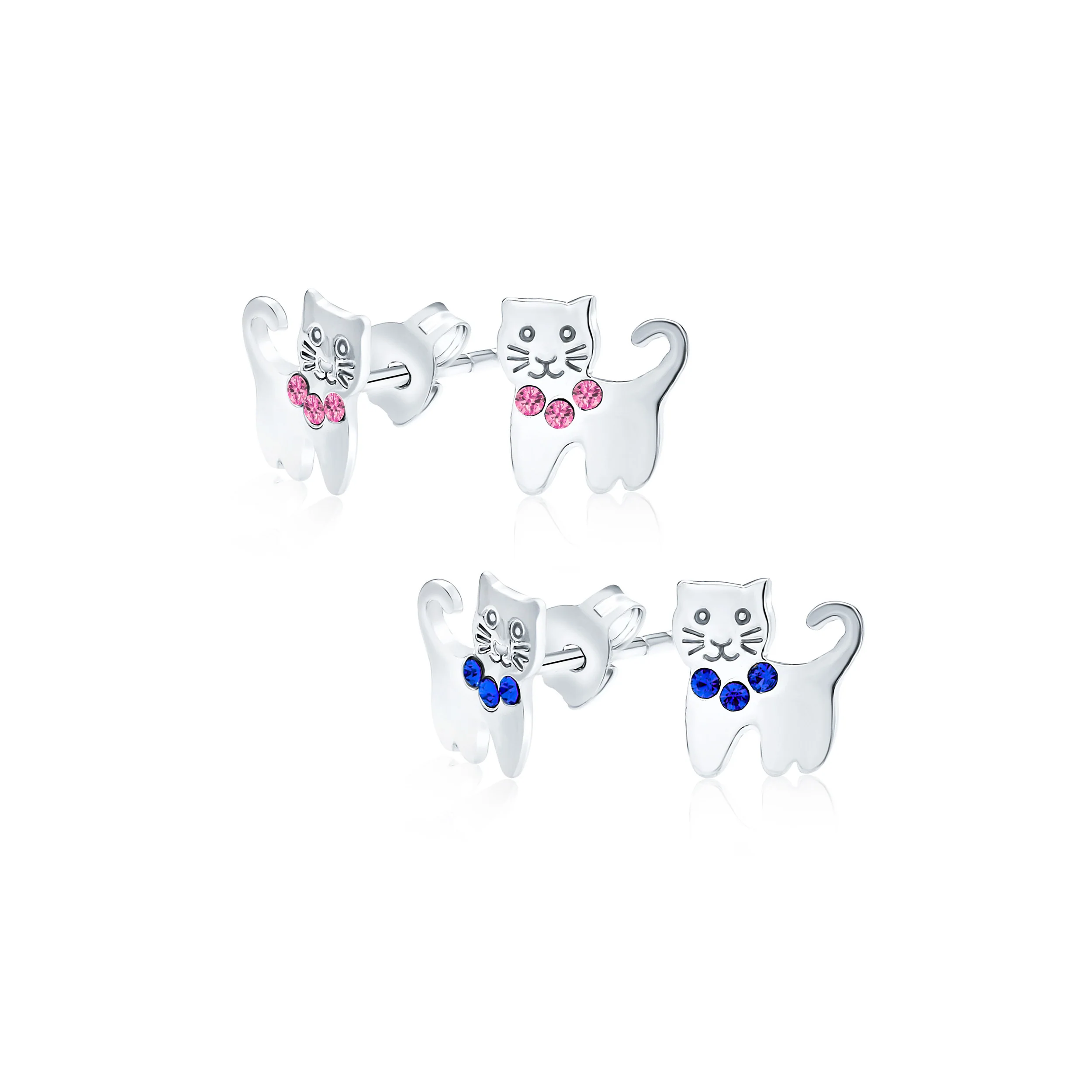 Set of 2 Mini Petite Blue Pink Crystal Cat Stud Earrings in Sterling Silver