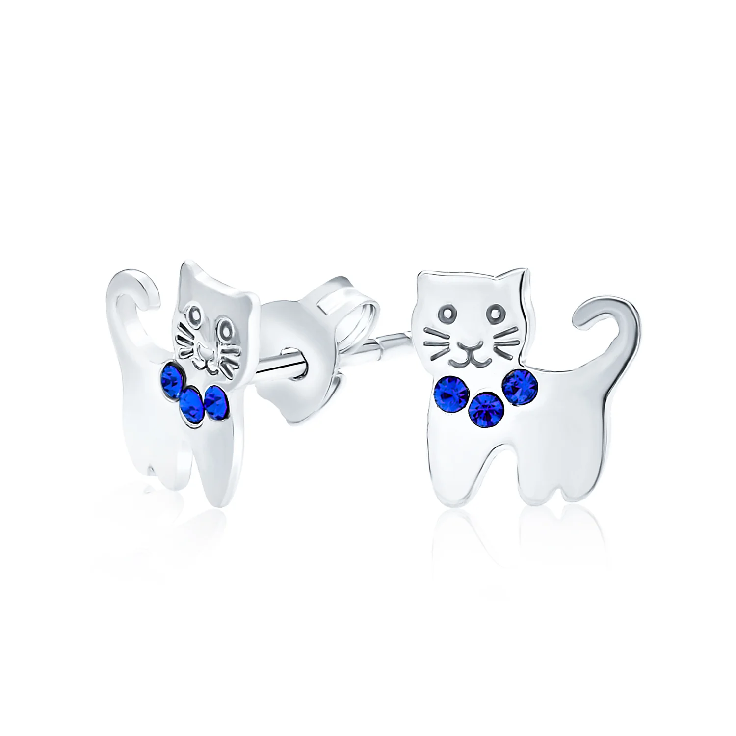 Mini Petite Blue Pink Crystal Cat Stud Earrings in Sterling Silver - Image 2