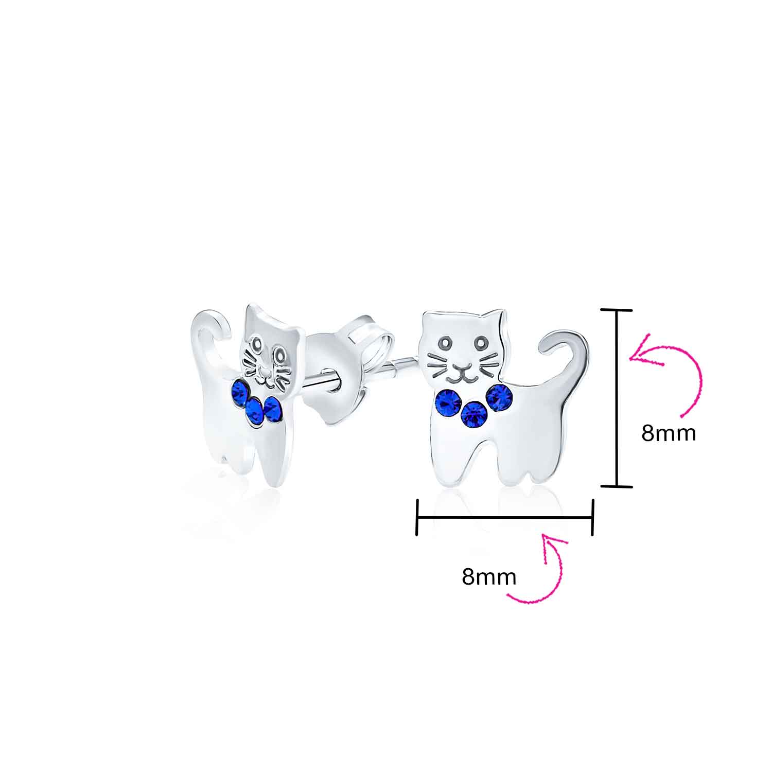 Mini Petite Blue Pink Crystal Cat Stud Earrings in Sterling Silver - Image 8