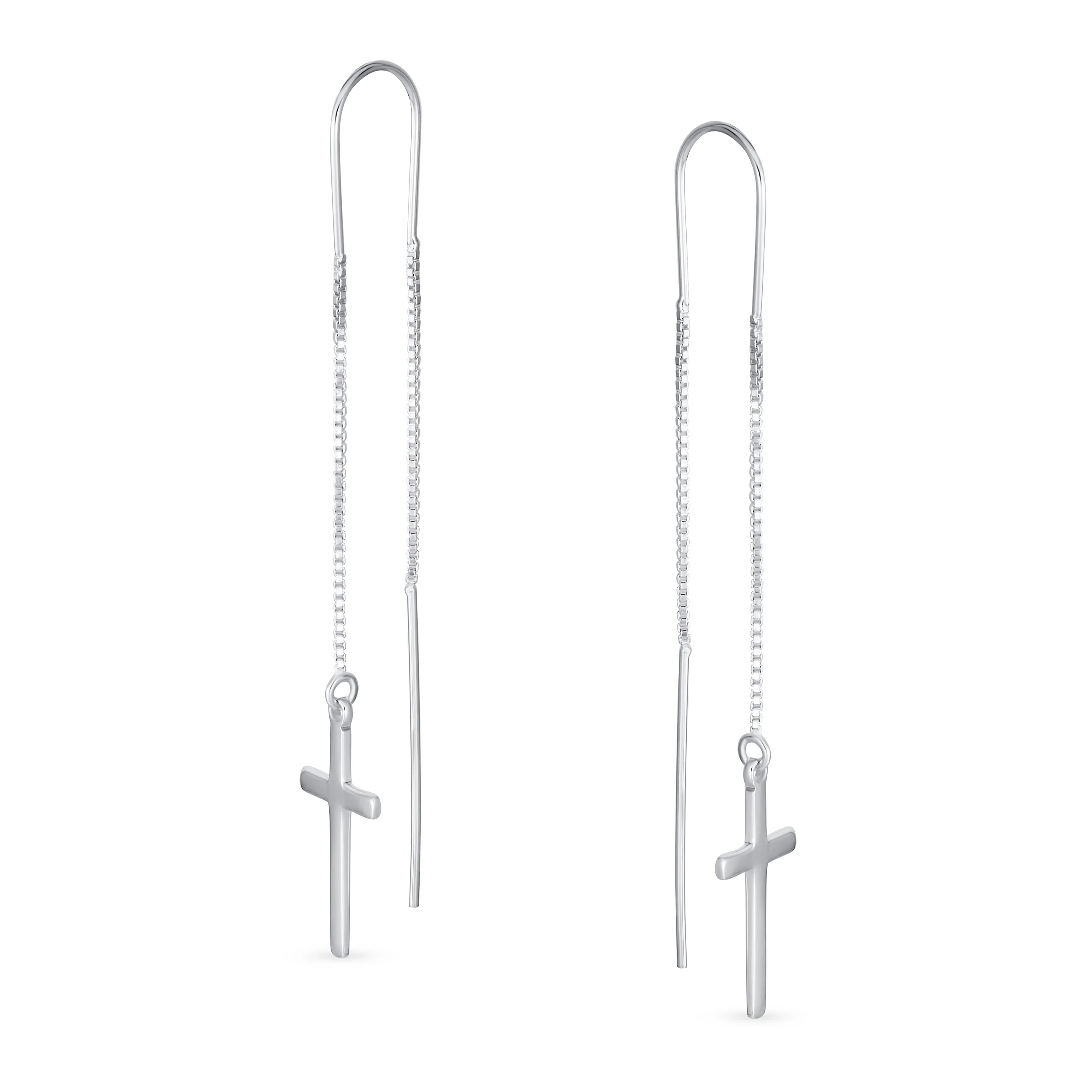 Minimalist Lightweight Religious Cross Dangle Earrings Sterling Silver Threader - Image 2