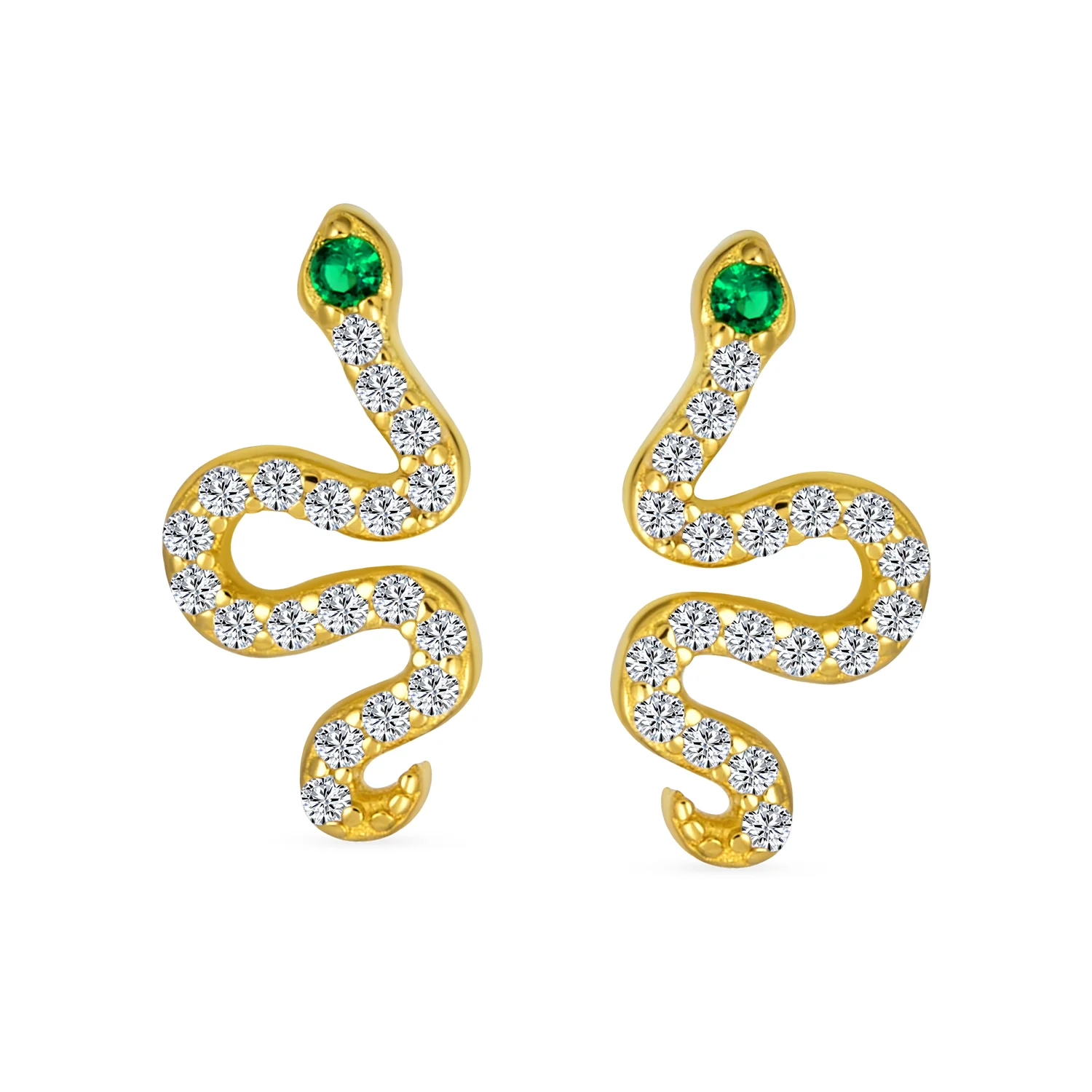 Minimalist CZ Stud Earrings: Green Eyed Snake in Gold Plated Silver - Image 2