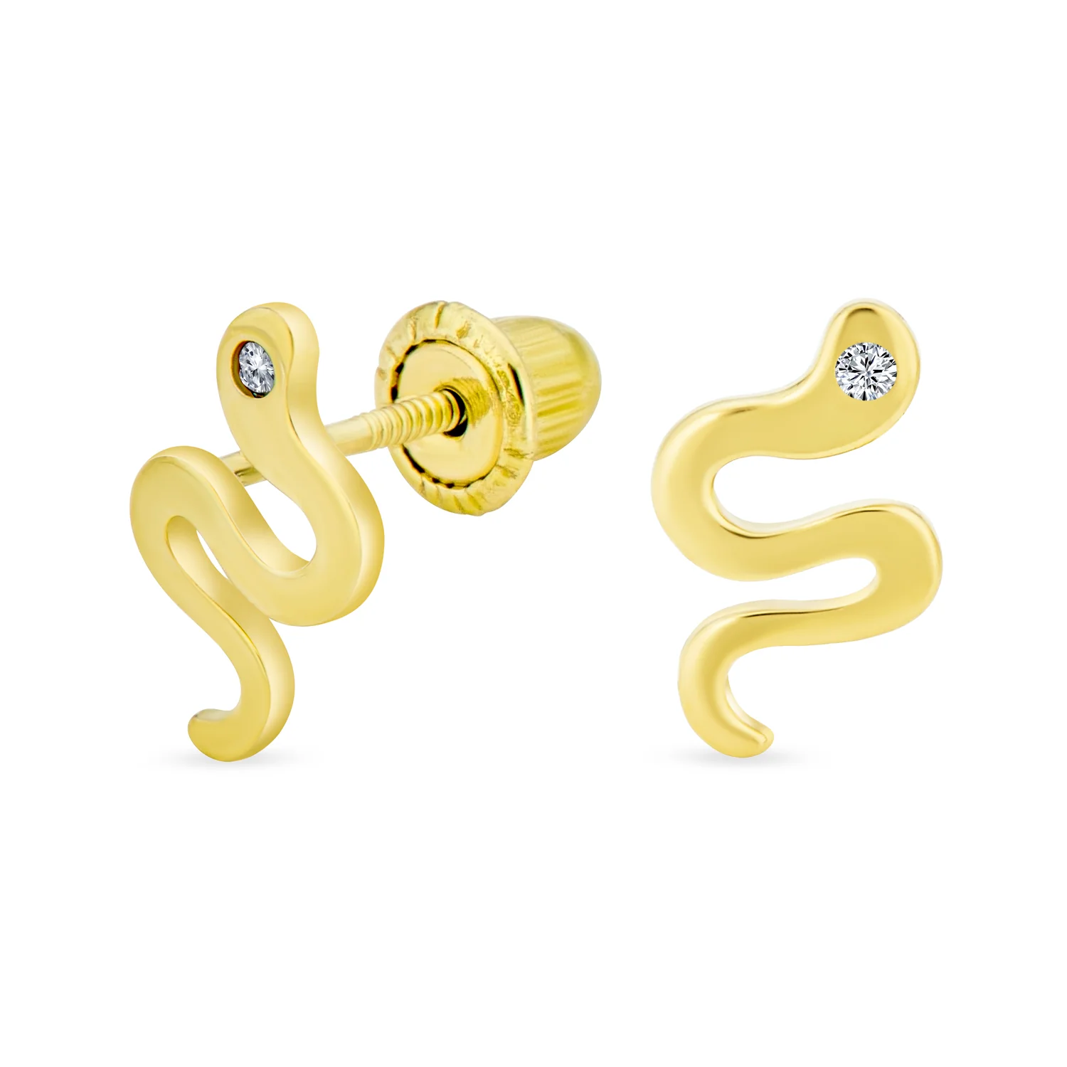 Minimalist CZ Stud Earrings: Tiny Snake Design in 14K Yellow Gold