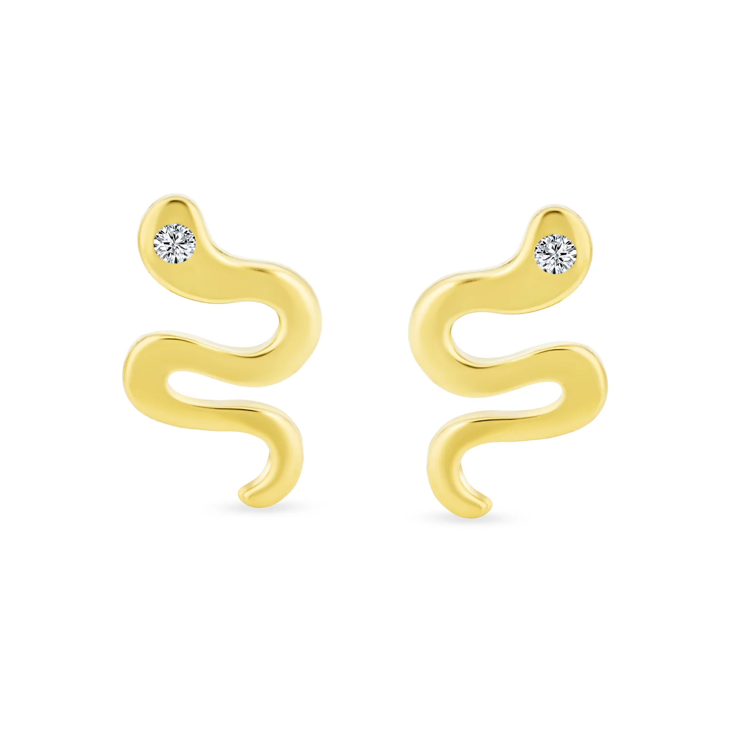 Minimalist CZ Stud Earrings: Tiny Snake Design in 14K Yellow Gold - Image 2