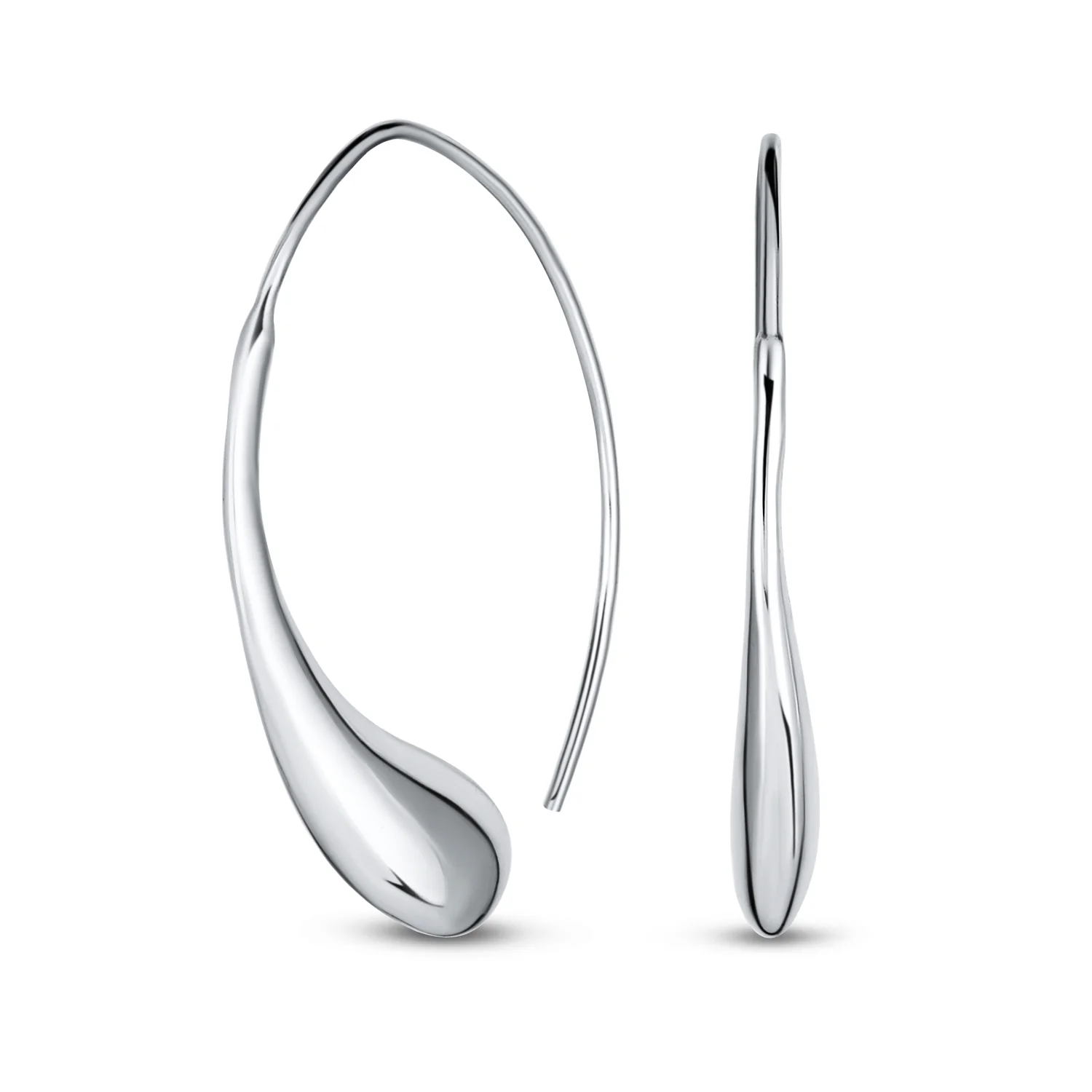 Minimalist Dangle Earrings Polished Teardrop Threader in Sterling Silver - Image 2